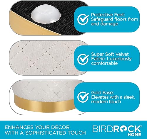 Miniatura 5 de BIRDROCK HOME Taburete otomano redondo de terciopelo con diseño de celosía y ribete dorado, reposapiés suave y acolchado para sala de estar o