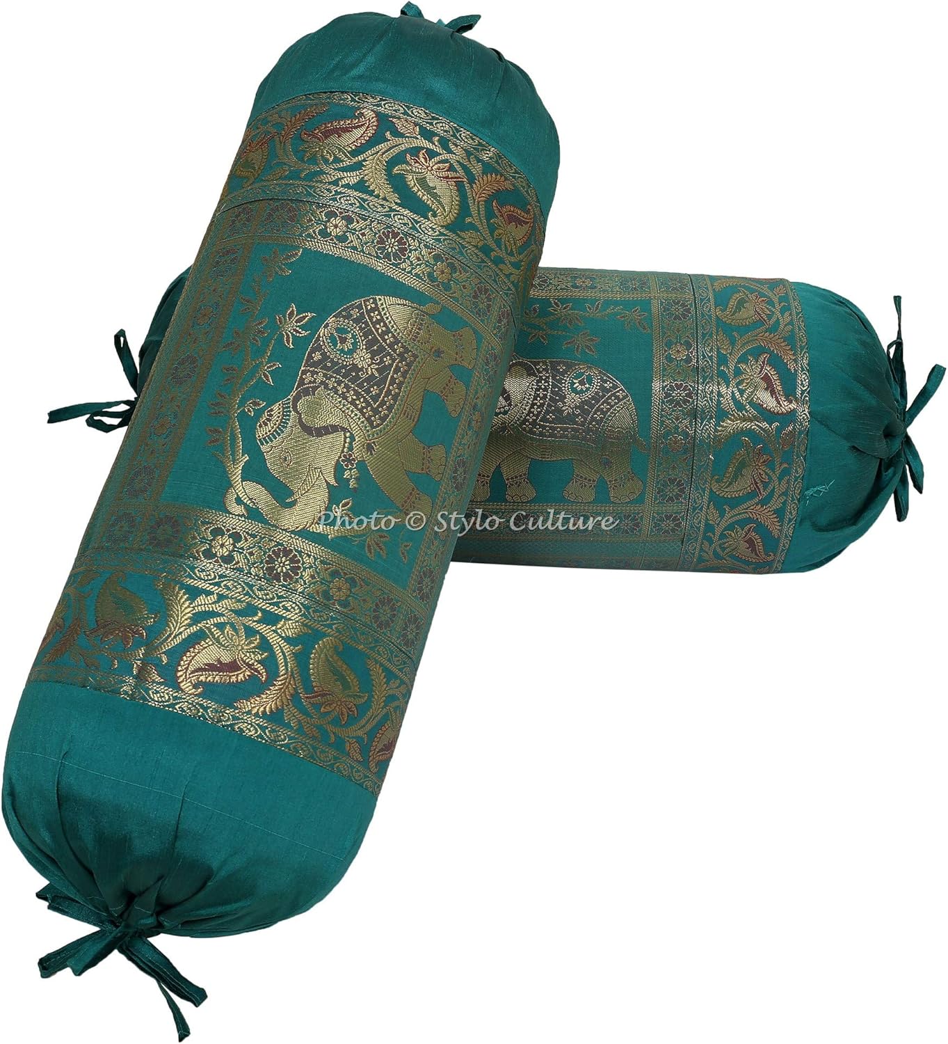 Ethnic Polydupion Cylindrical Tube Pillow Bolster Pillow Covers Dark Green Elephant Jacquard Brocade Border Large Couch Round Cushion Covers (Set of 2) | 30x15 Inches (76x38 cm)