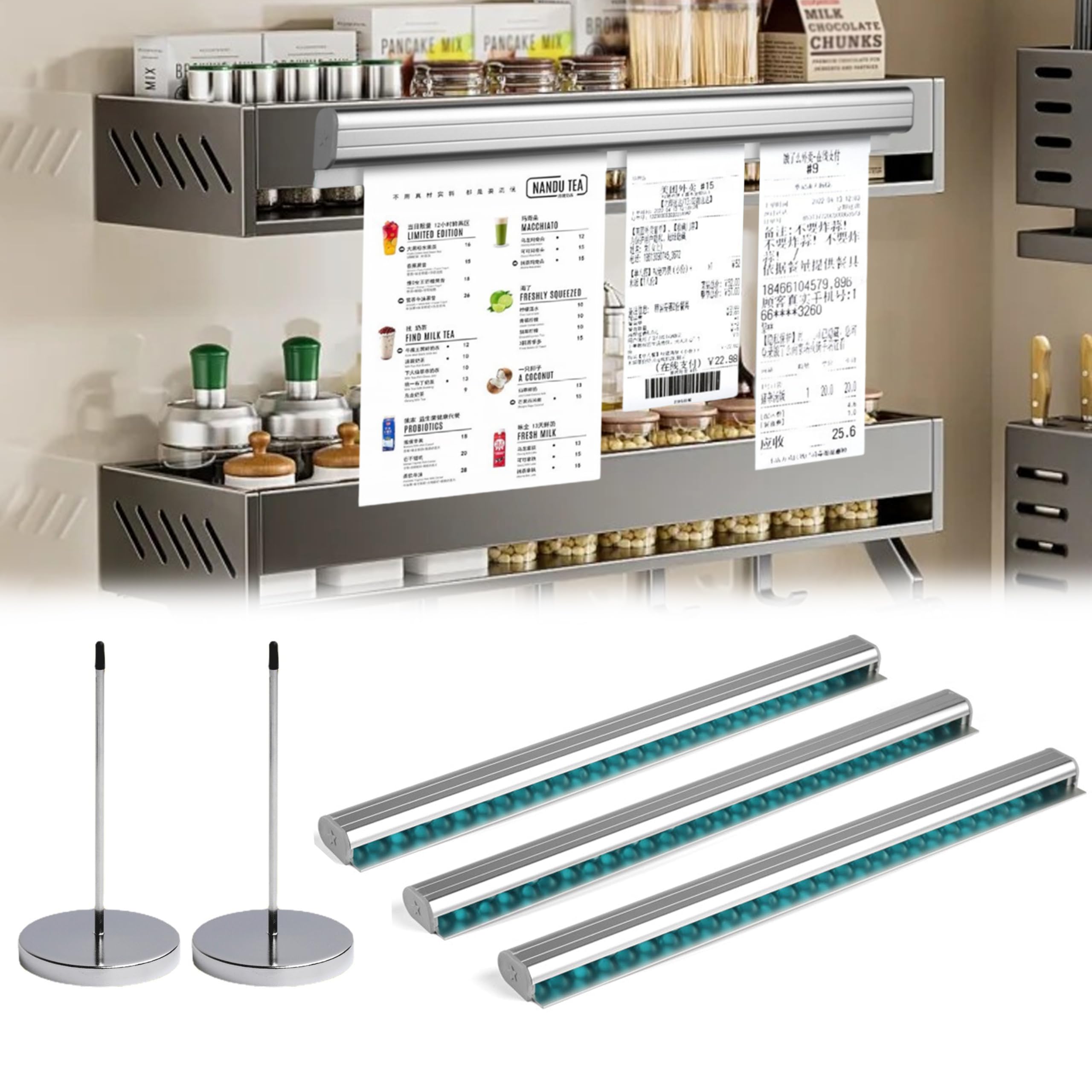 2Pcs Porte-tickets Pique Ticket de Caisse, 40cm Présentoirs pour Commandes 3 Pièces, Porte Bons de Commande Restaurant Barre a Bon de Commande Rail de Billetterie Mural en Aluminium pour Tickets