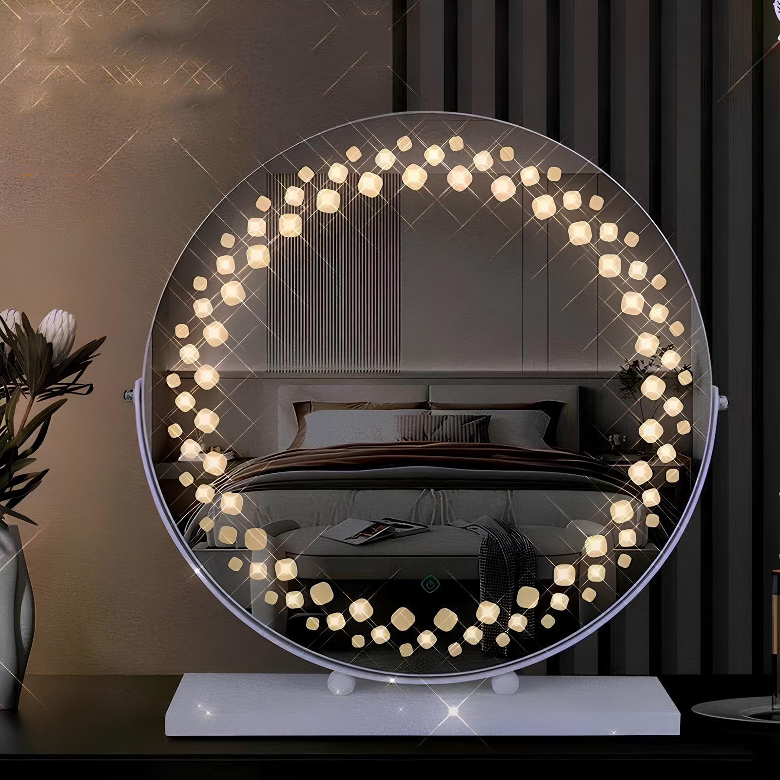 Vanity Mirror with Lights, 43cm/16.9in Round Dressing Table, Light Up Makeup with 360°Rotation Stand, 3 Color Adjustable Brightness(White)
