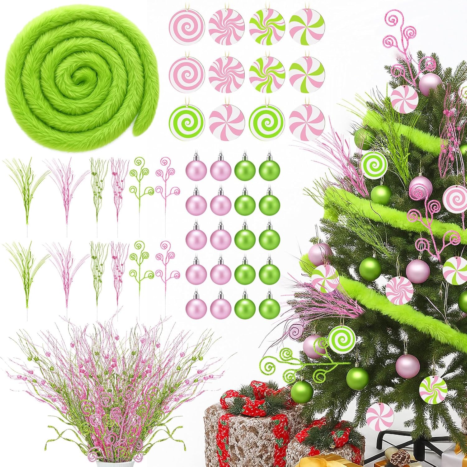 45 Pcs Pink Green Christmas Tree Decoration Set Pink Lime Green Artificial Glitter Curly Spray Picks Christmas Ball Ornaments Garland Wood Candy Hanging Decor for Xmas Tree Home Decoration