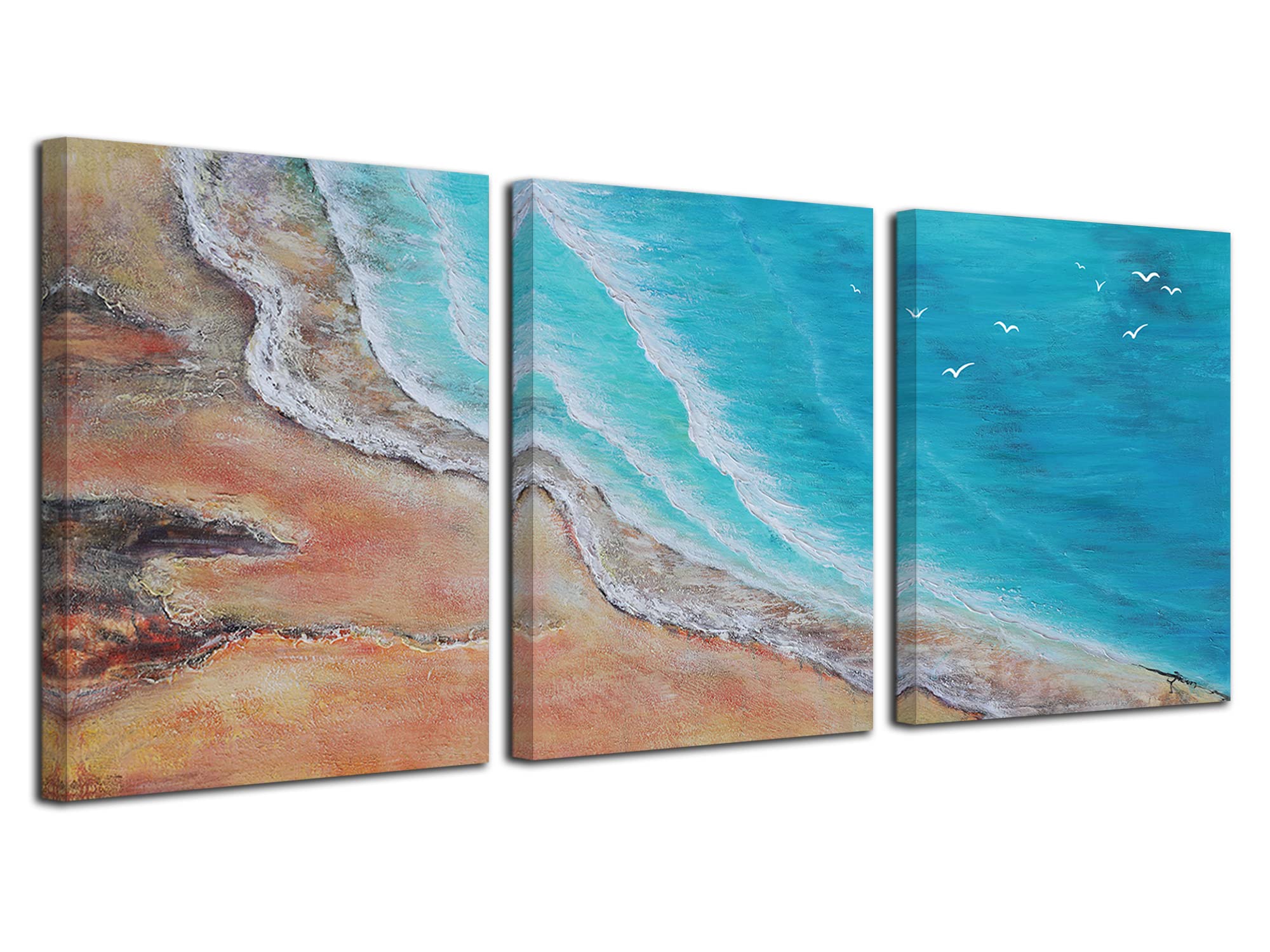 Enartly Ocean Beach Coastal Canvas Wall Art Summer Blue Seascape Pictures Modern Nautical Painting Artwork Framed for Bathroom Living Room Bedroom Dinning Room Office Home Decor 12"x16"x3 Panels