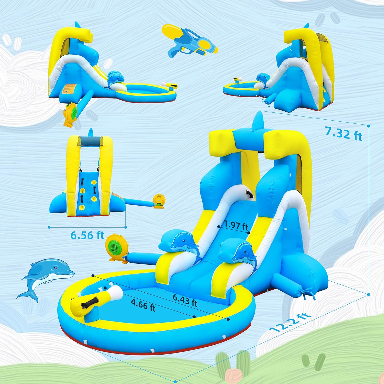 TOAOB Inflatable Water Slide: 4 in 1 Bounce House Water Park Dolphin Style for Kids - Climbing Wall Splash Pool Water Cannon - 370W Blower - Wet & Dry Indoor Outdoor Backyard Birthday Party