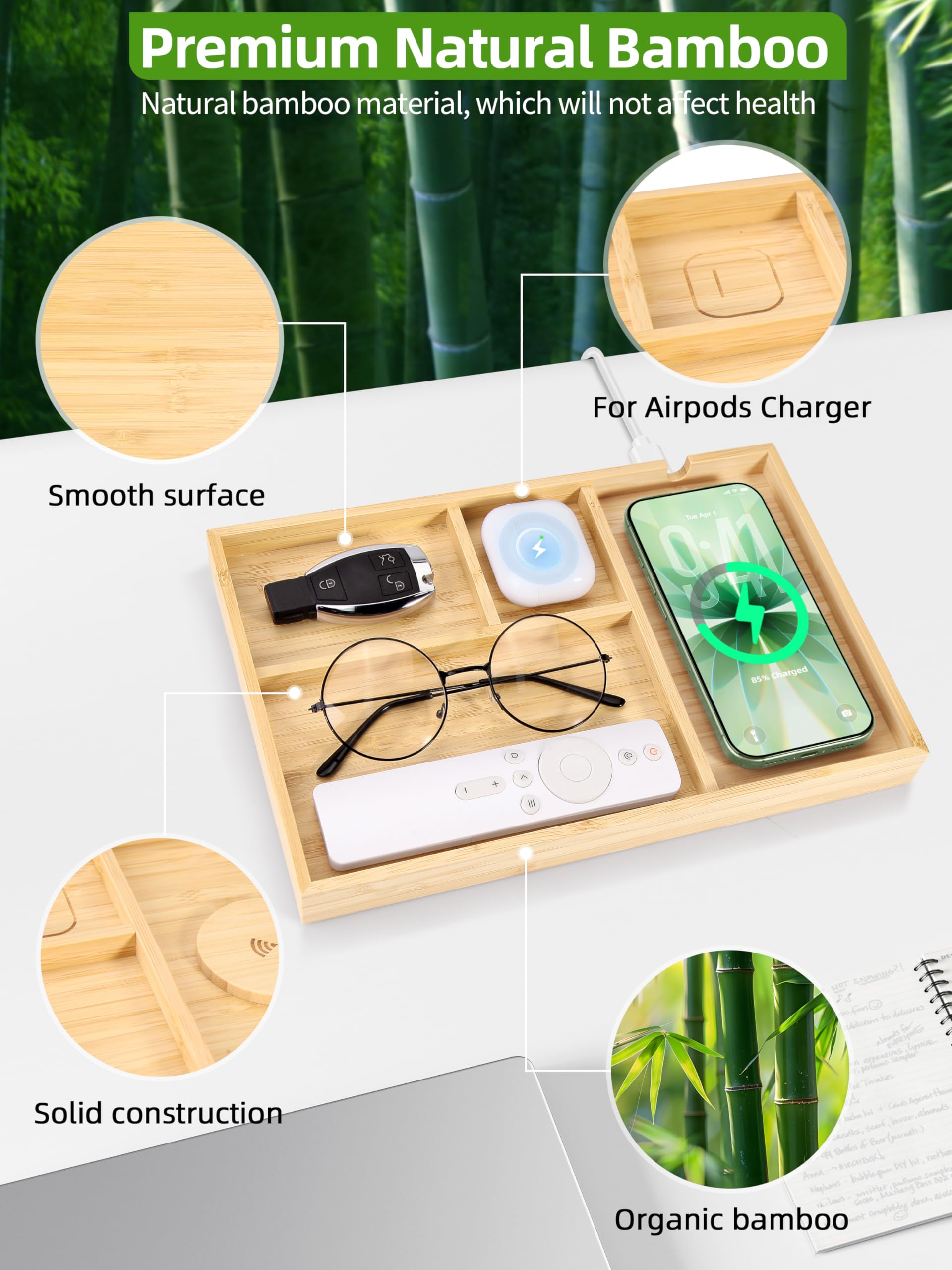 Bambus-Tablett und Nachttisch-Organizer mit 2-in-1 kabellosem Ladegerät für iPhone, Samsung und AirPods, Schreibtischzubehör für Männer/Frauen