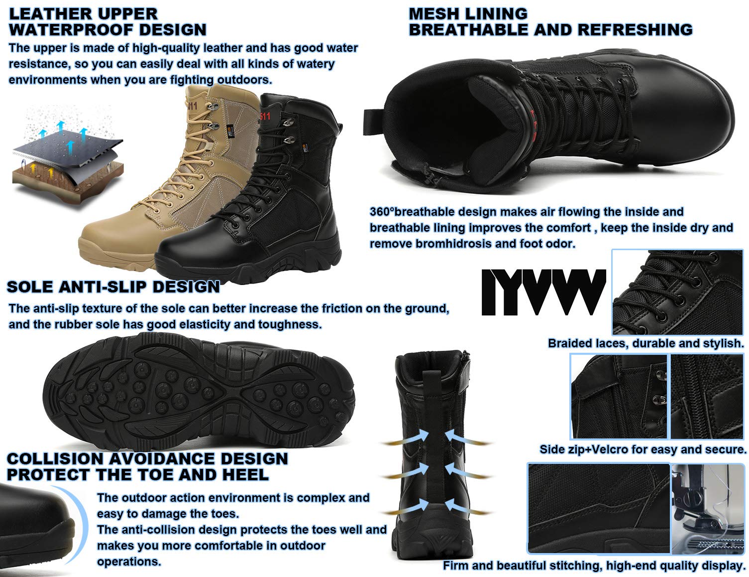 5.AA Hommes Bottes Militaire avec Fermeture Latérale, Bottes Patrouille Combat Tactique Recrues Armée Désert Sécurité Militaire Chaussure