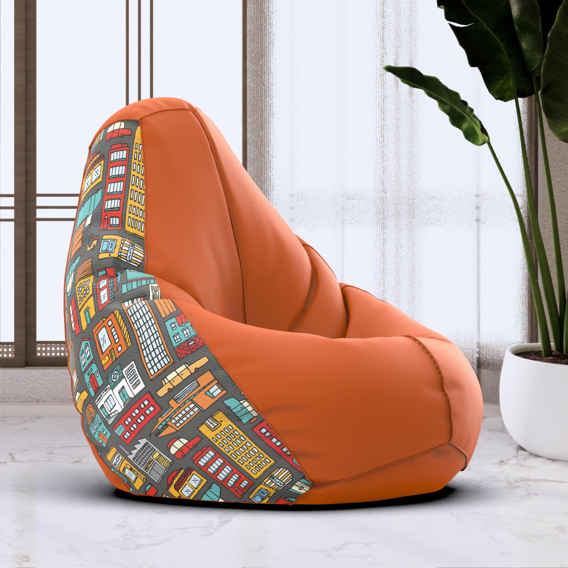 Bean Bag Chair Cover | Size: 1XL | Color: City Lights - H - Orange Black | Without Beans | Premium Leatherette Cover (CMF 2505)-image-26