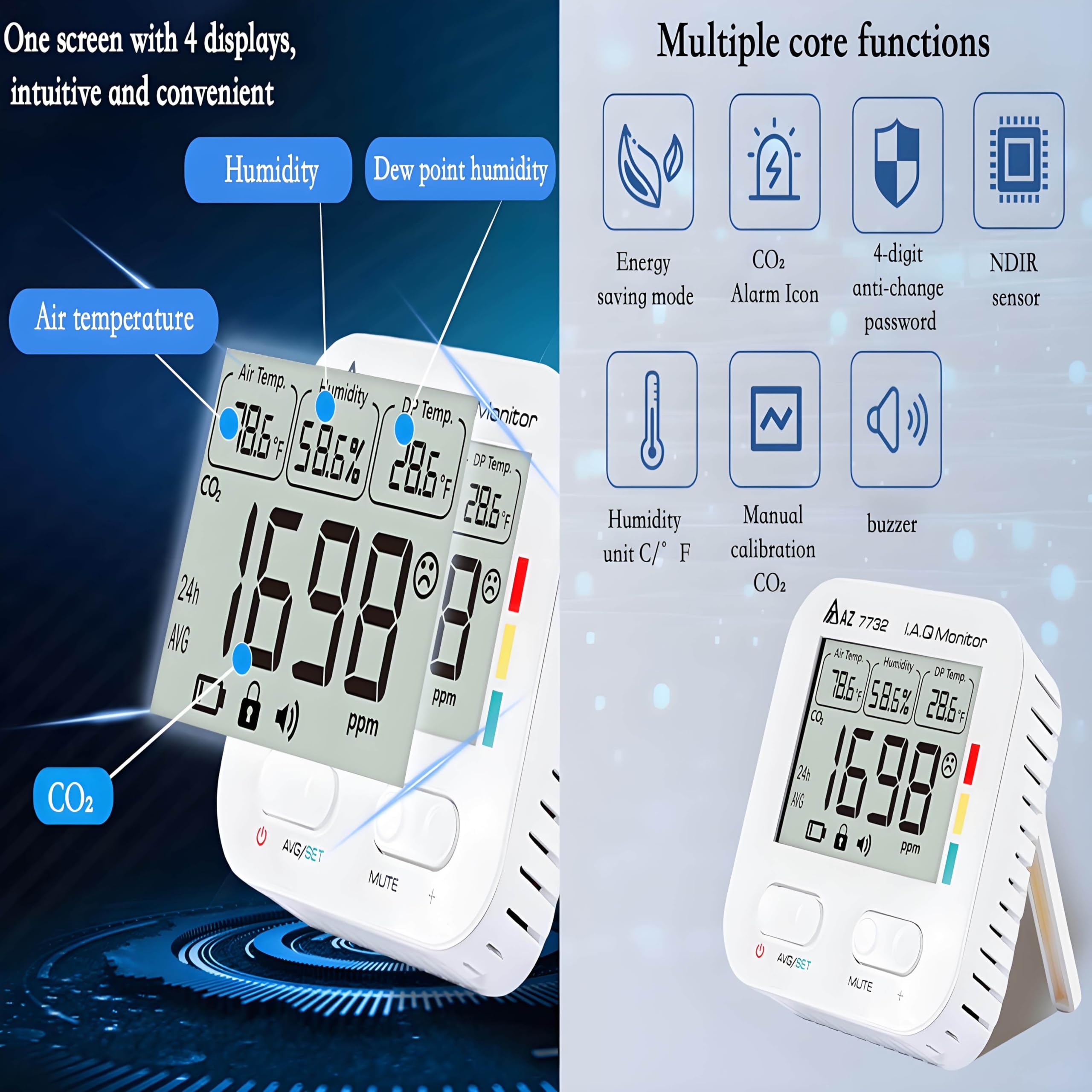Detektor CO2, monitor jakości powietrza, miernik CO2 4 w 1, tester temperatury i wilgotności do domu, pomieszczenia do uprawy i zamkniętych przestrzeni