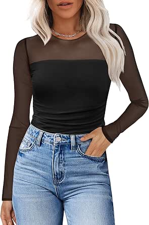 Women's Sheer Long Sleeve Mesh Top with Ruching, Crew Neck, and Elegant Design