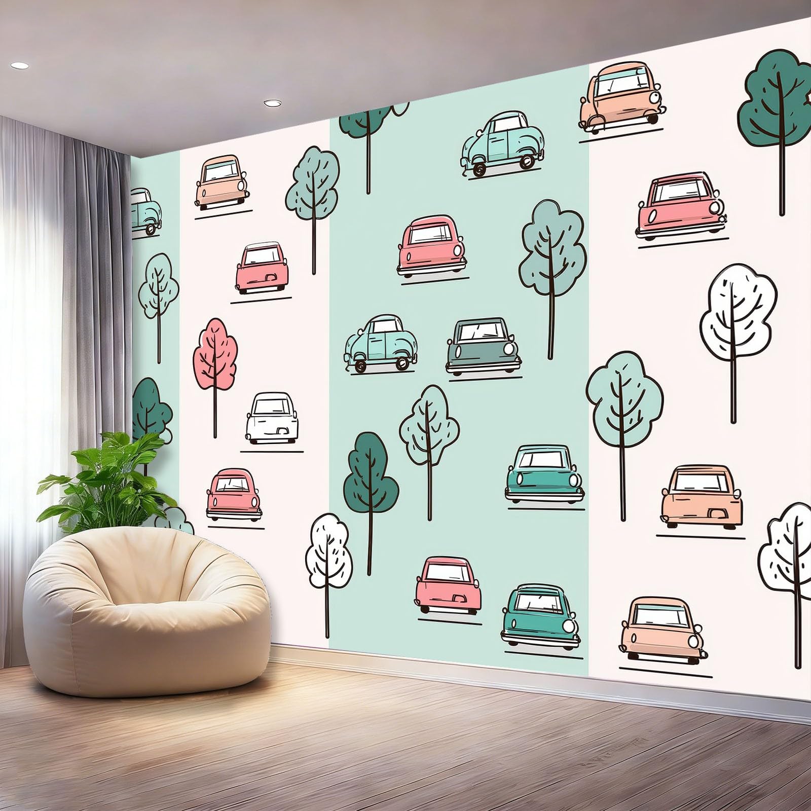 Fototapeta 300 x 210 cm ściany dekoracja salonu projekt kreskówka linie samochody drzewo do sypialni salon tapeta z włókniny, zielony