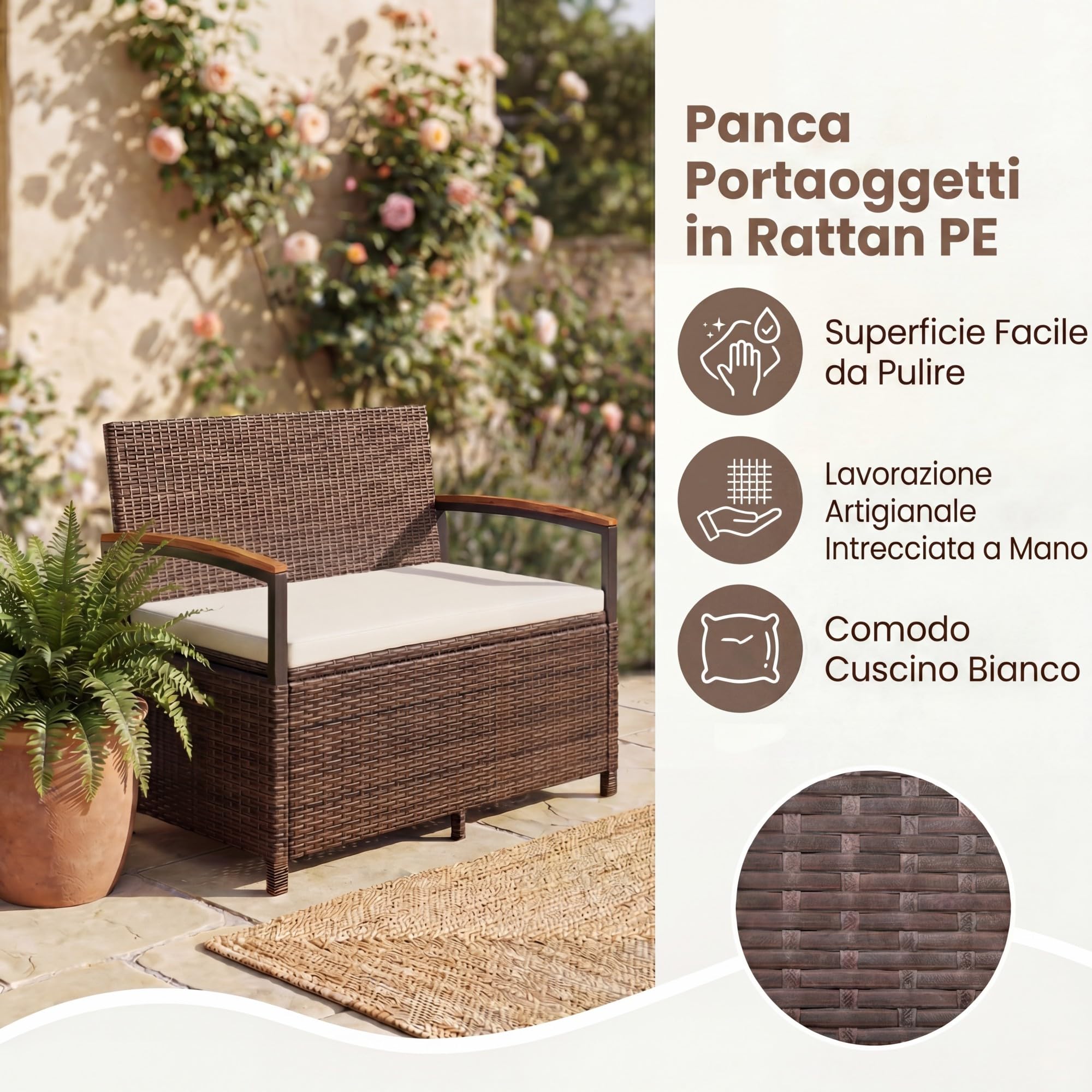 SOARS Panca da Giardino 2 Posti, Baule Contenitore Esterno 175 L in Vimini PE, con Cuscino Lavabile, Schienale e Braccioli in Legno di Acacia, Ammortizzatori a Gas, per Patio Balcone Piscina (Beige)