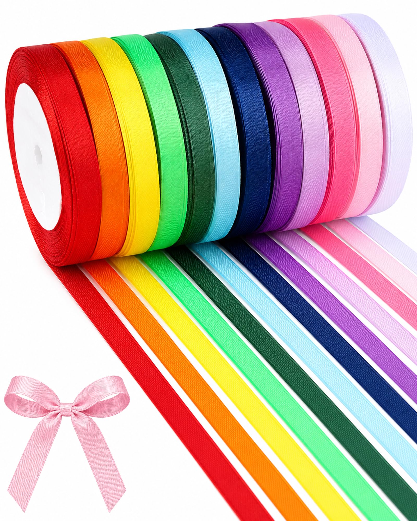 Huglux 12 Colors Satin Ribbon 10mm x 22m, Gift Wrapping Ribbon Set of 12