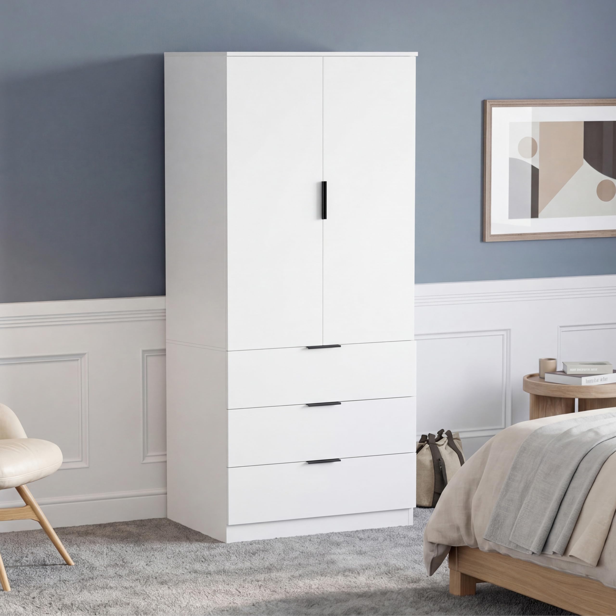 Vida Designs Trega 2 Door 3 Drawer Wardrobe | White | Bedroom Furniture | 175H x 77W x 54D cm | With Storage Shelf & Hanging Rail | Large Capacity Storage
