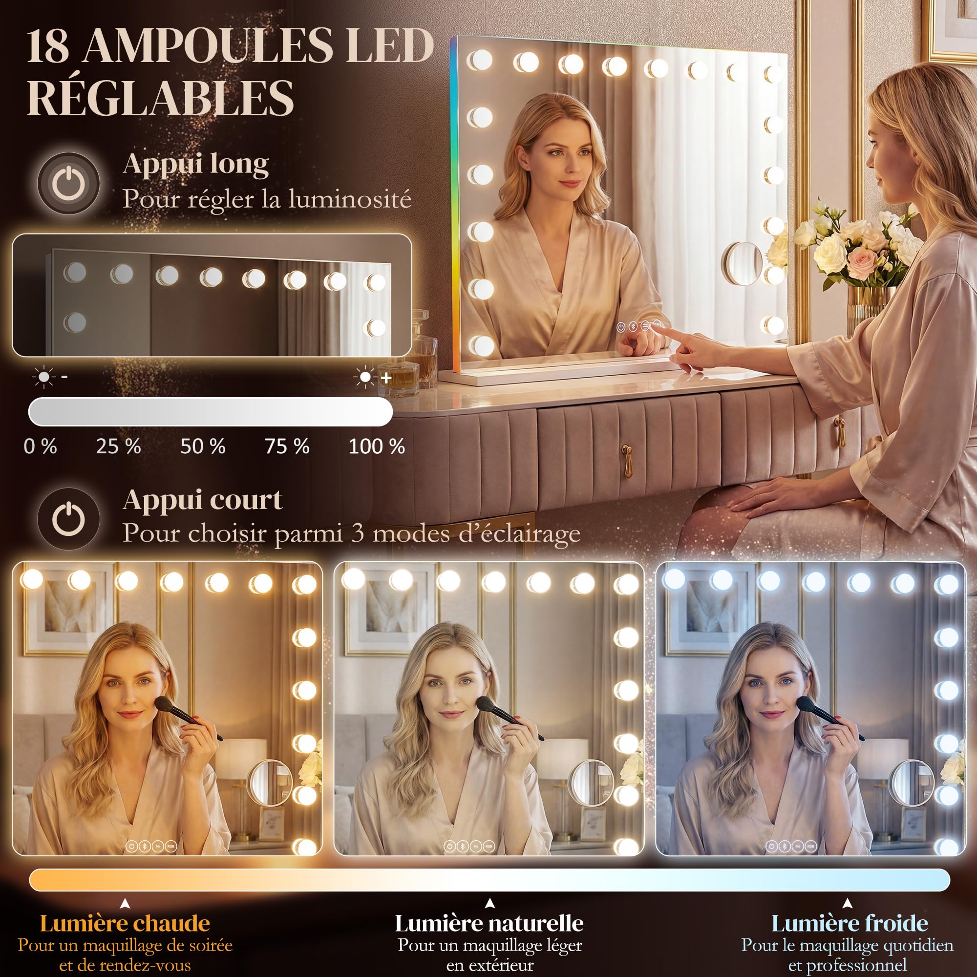 HOMCOM Miroir Maquillage Hollywood 80x60cm Miroir Coiffeuse LED 18 Ampoules dimmables 3 Couleurs d'éclairage lumière RGB Haut-Parleur Bluetooth grossissement 10x contrôle Tactile sur Table/sur Mur