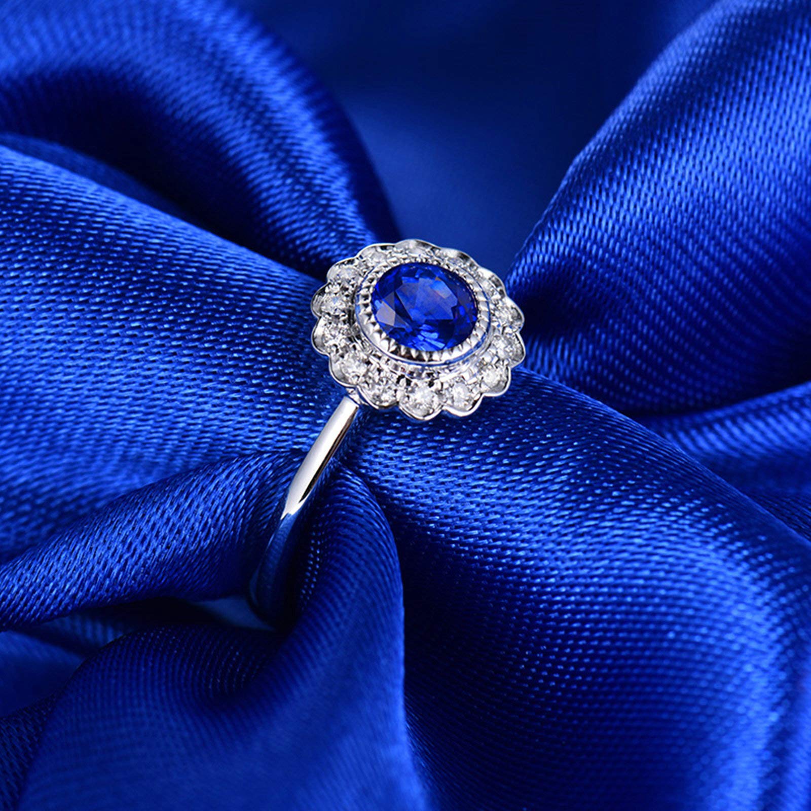 KnSam Anello da donna in oro bianco 18 carati (750), con zaffiro rotondo da 0,16 carati, con diamante da 0,16 carati, in oro bianco 750), oro 750, Zaffiro