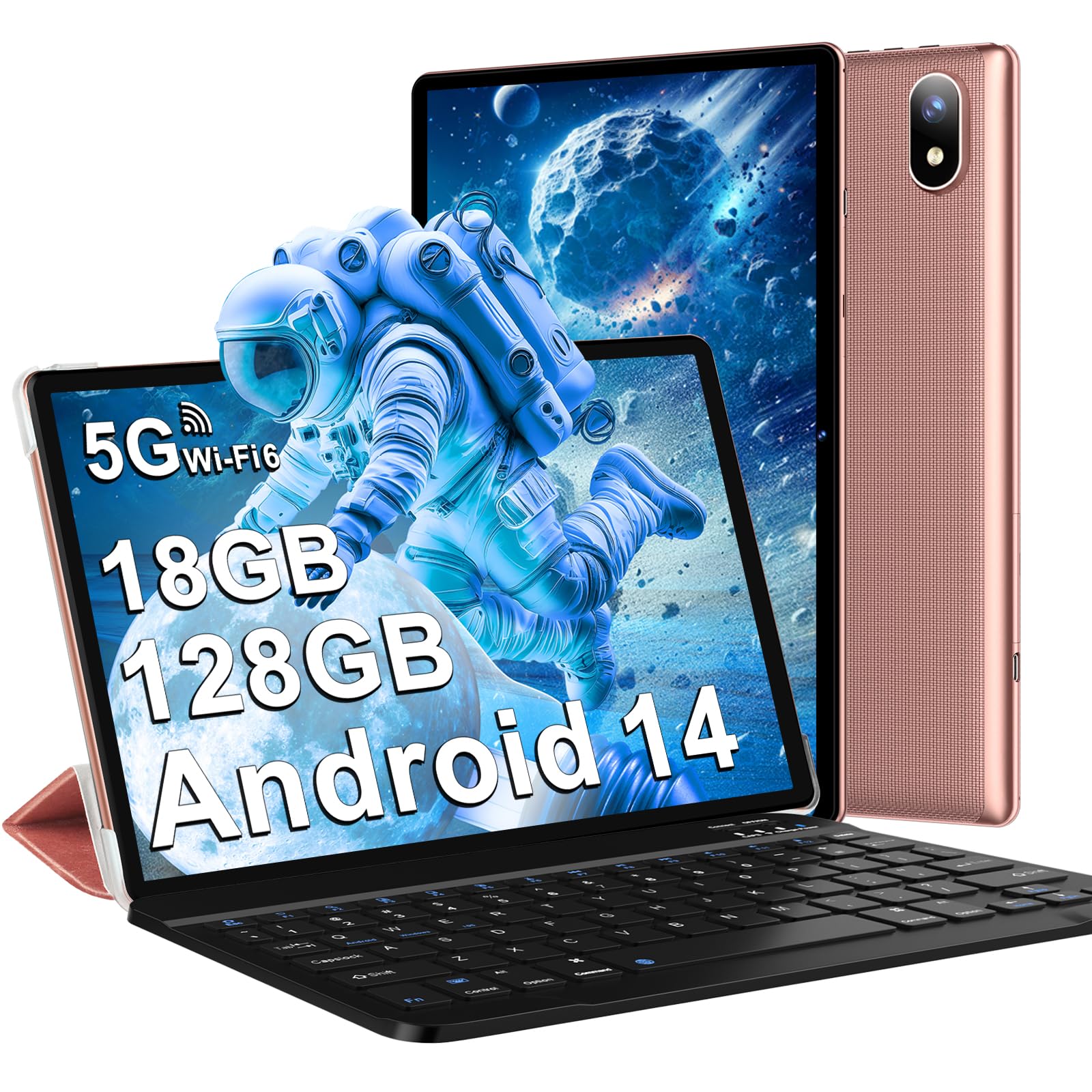 DMOAO Tablet 10 Pollici Android 14 con 18 GB RAM + 128 GB ROM(TF 1TB), FHD Tablet con 5G Wi-Fi 6, Widevine L1, Octa-Core, USB-C, BT 5.0, 6000 mAh, Tastiera + Mouse + Custodia, Oro Rosa