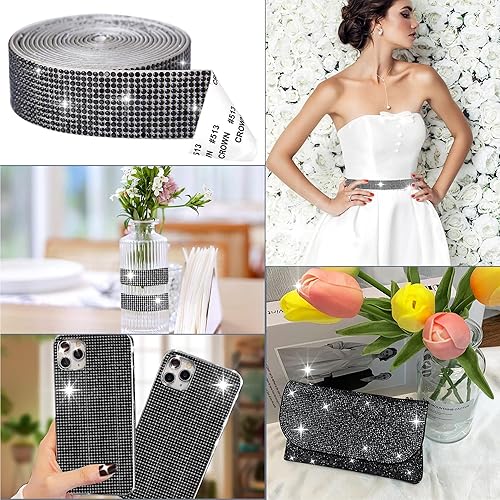 Miniatura 6 de 5 rollos de cinta autoadhesiva con diamantes de imitación de 0.079 pulgadas (0.079 in) para artes, manualidades, bodas, fiestas de cumpleaños,