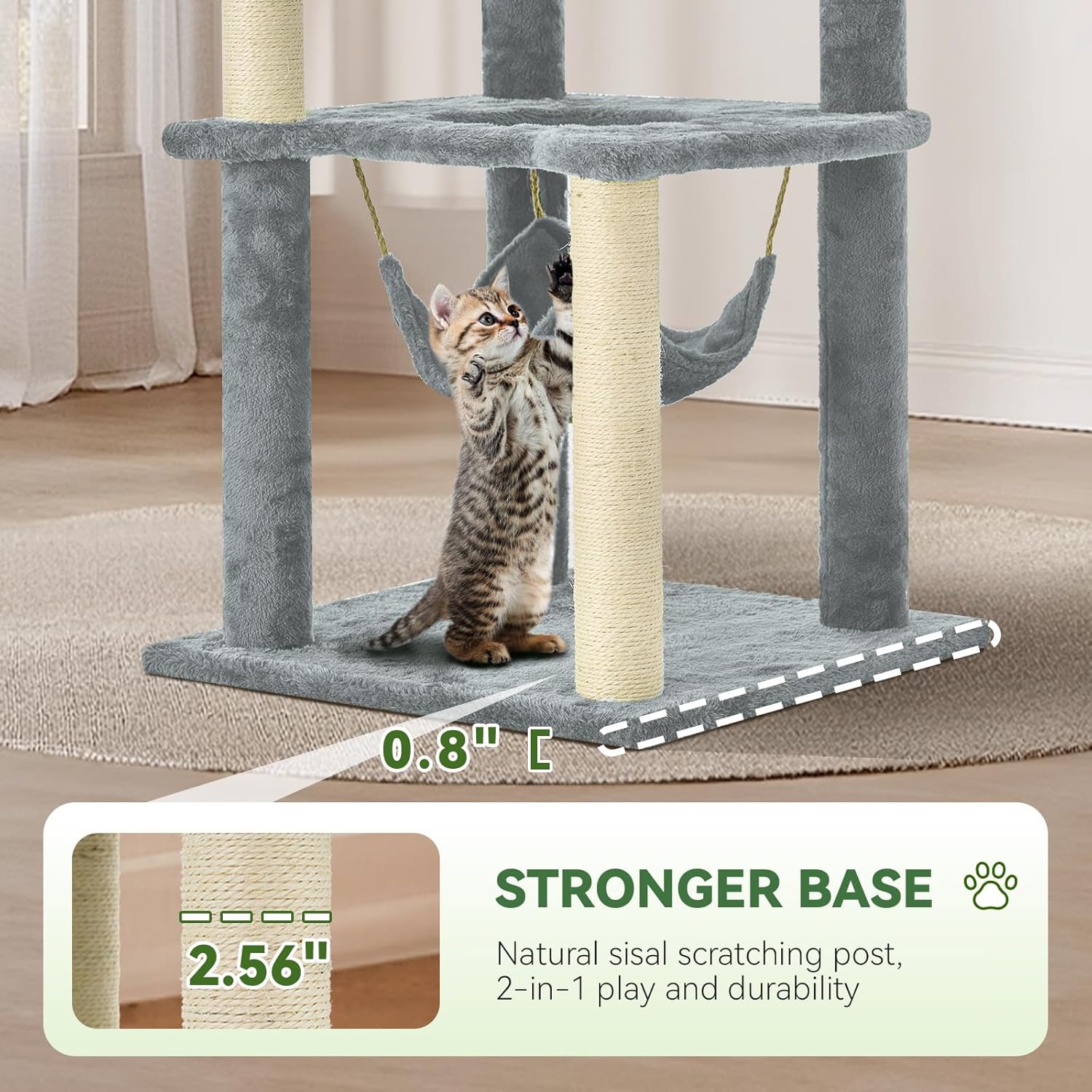 61-Inch Tall Cat Tree Tower with Scratching Post, Multi-Functional Cat Shaped Design Tower with Hammock, Scratcher, Pompoms, for Climbing, Lounging and Playing, Grey