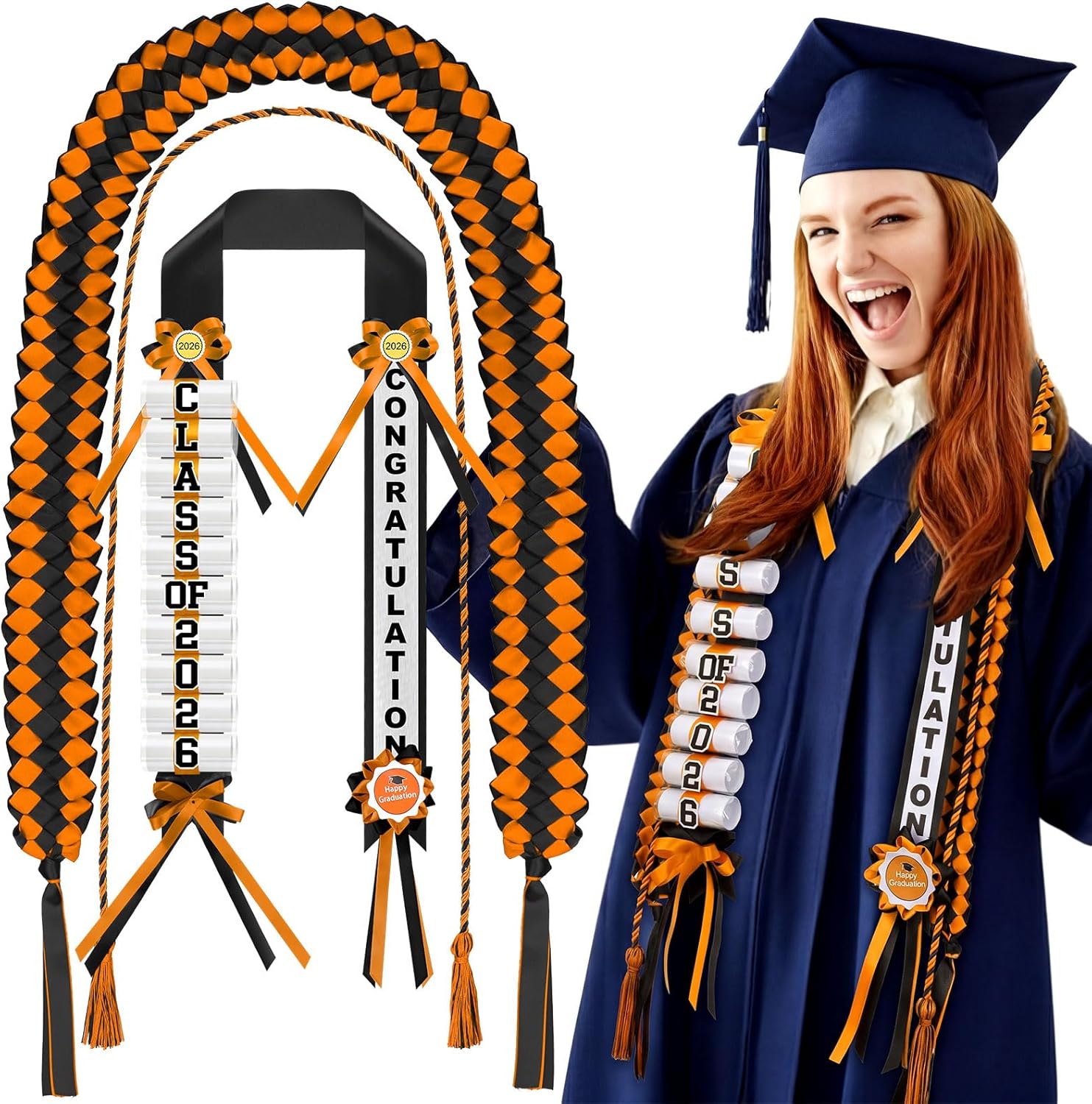Suncalla Graduation Money Lei Class of 2026 Graduation Leis with Ribbon Wreath and Honor Cord DIY Grad Gifts for Class of 2026 Graduates Party Decorations(Orange and Black)