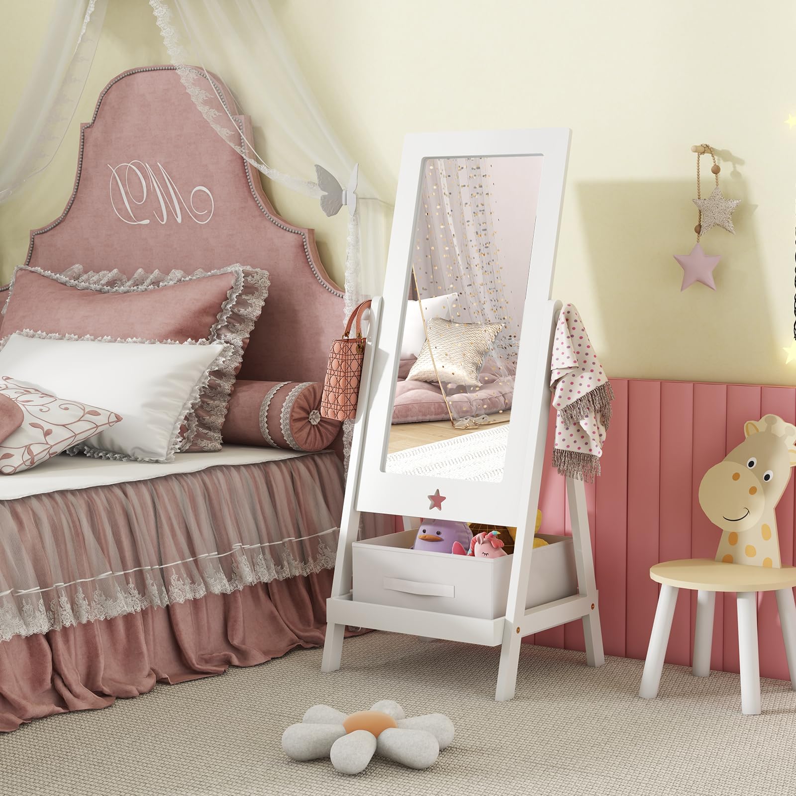 RELAX4LIFE Specchio da Terra Girevole a 360° per Bambini, con Mensola Portaoggetti, Cesto Ripiegabile, 45 x 40 x 112 cm, Bianco