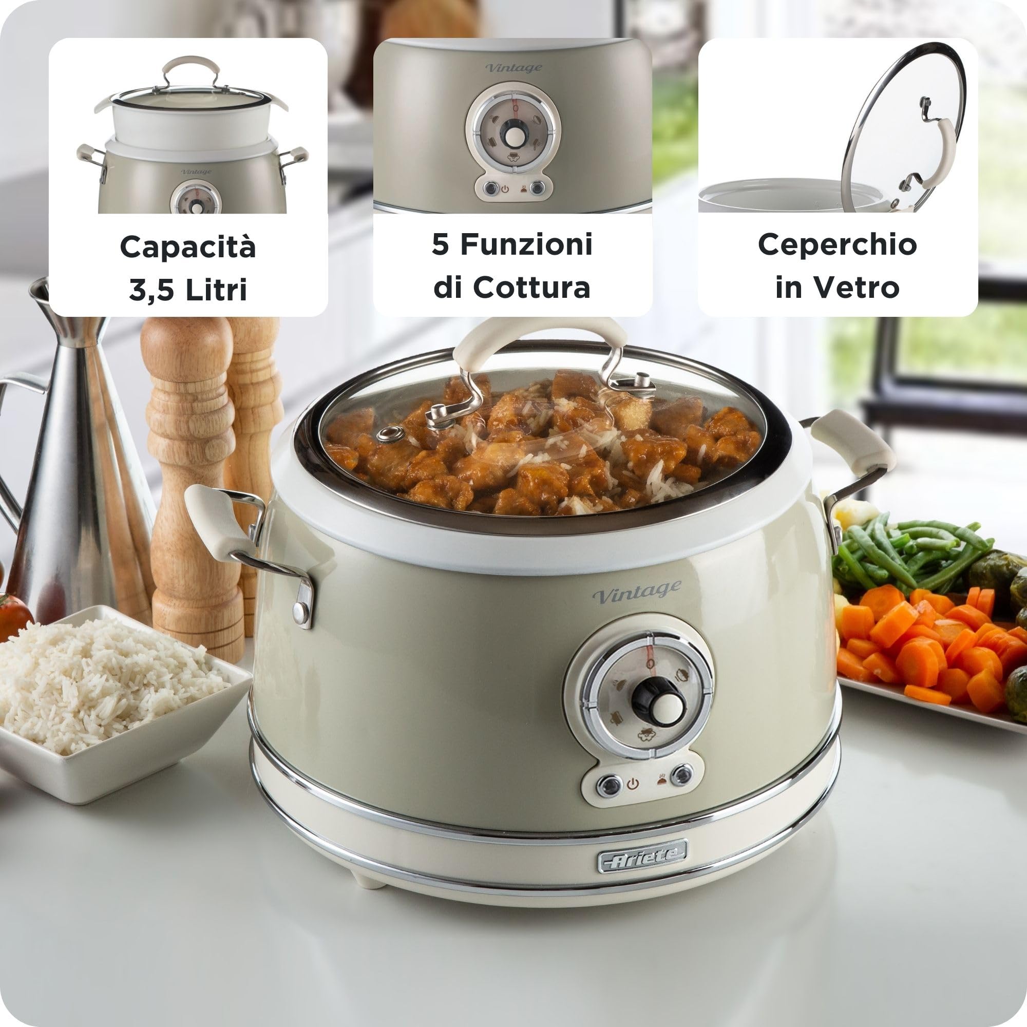 Ariete 2904 Rice Cooker - Elektryczny przyrząd do gotowania ryżu z miską ceramiczną - Domowe sushi - Multicooker - Linia Vintage - 3,5 l - 650 W - Beżowy