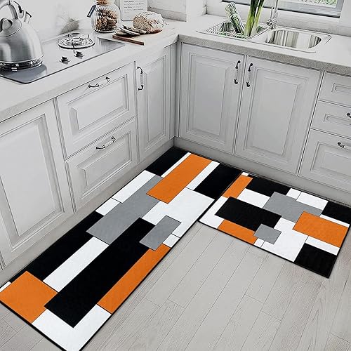 Miniatura 3 de Juego de 2 alfombras y tapetes de cocina geométricos naranjas antideslizantes, lavables, a cuadros negros y grises para piso, alfombra rústica