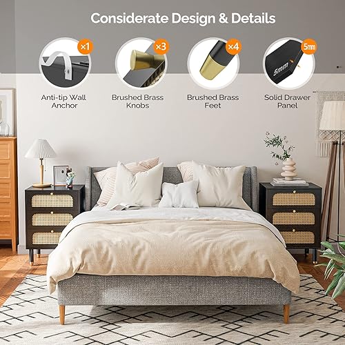 Miniatura 5 de VINGLI Mesita de noche con estación de carga mesa de noche de ratán bohemio con cajones mesitas de noche de mimbre para dormitorios mesa auxiliar de