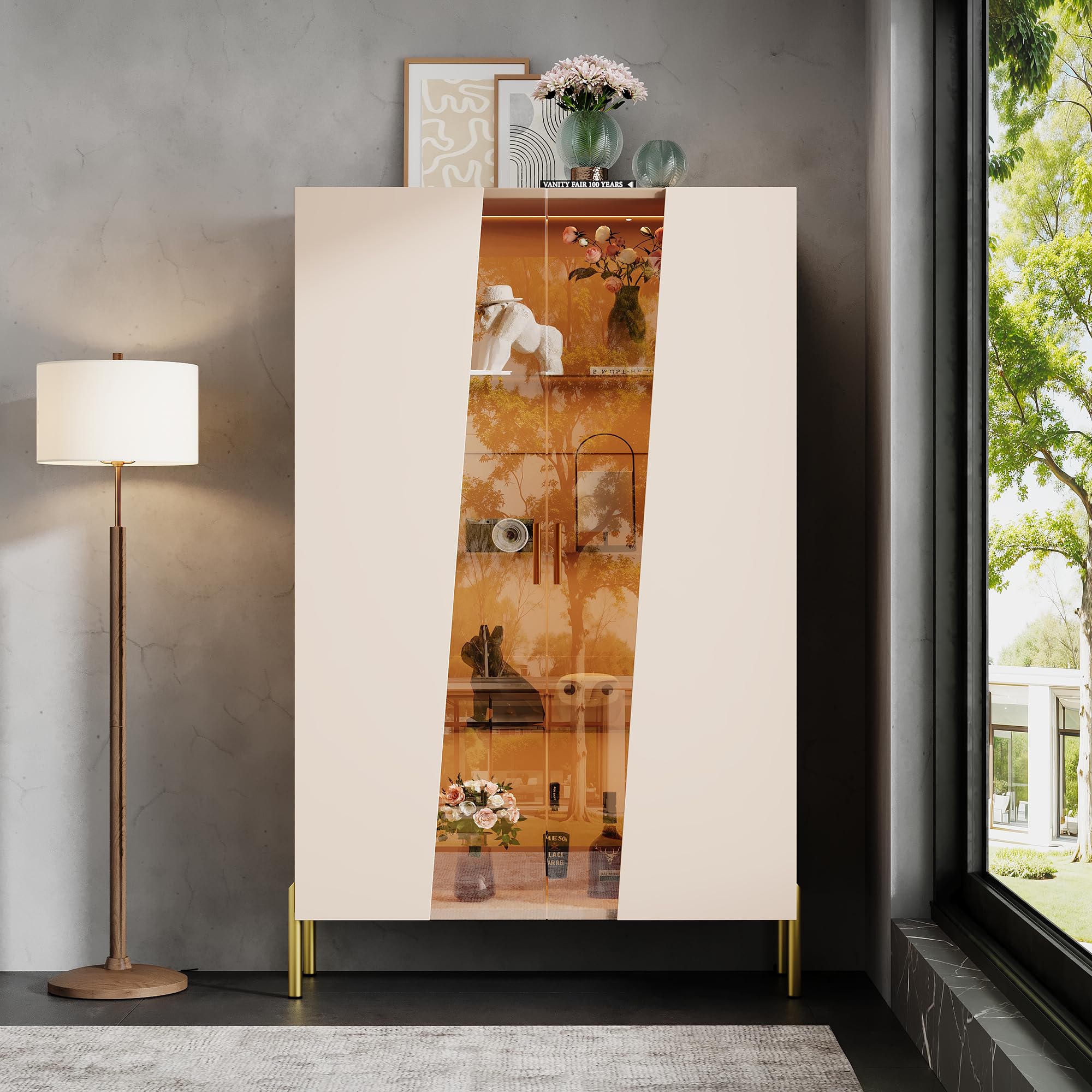 Armadio in vetro con anta asimmetrica in vetro temprato, 3 ripiani in vetro, maniglia in metallo e piedini in metallo, come vetrina per sala da pranzo, libreria, colore: beige