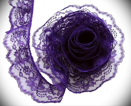 Cinta floral con volantes de color morado ~ 3 pulgadas de ancho con adornos de encaje, tela de grogrén delicado para manualidades, suministros para