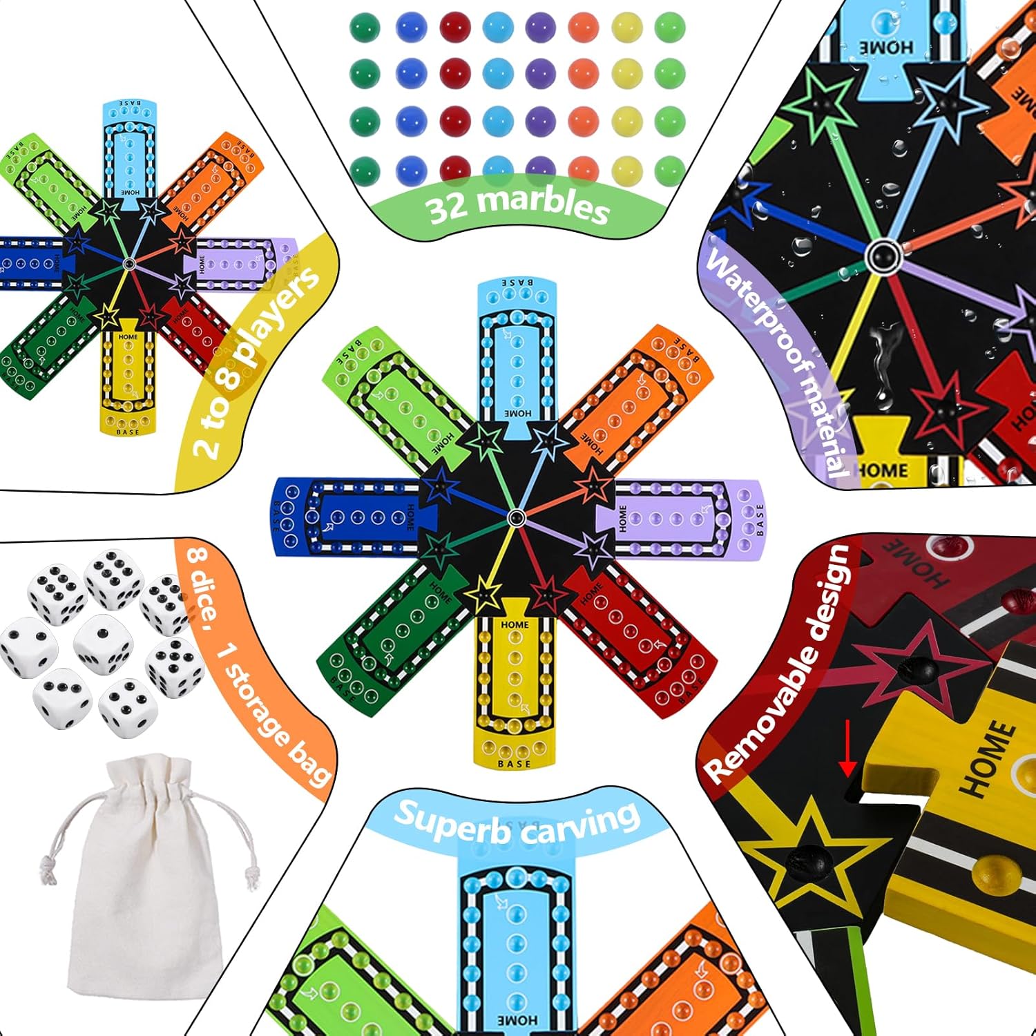 Splicing Wahoo Board Game Original Board Game Color Printing Portable Gaming Board Easy to Install for 8 Players Splicing Game Board 8 Colors 32 Marbles(8 Players-Splicing)