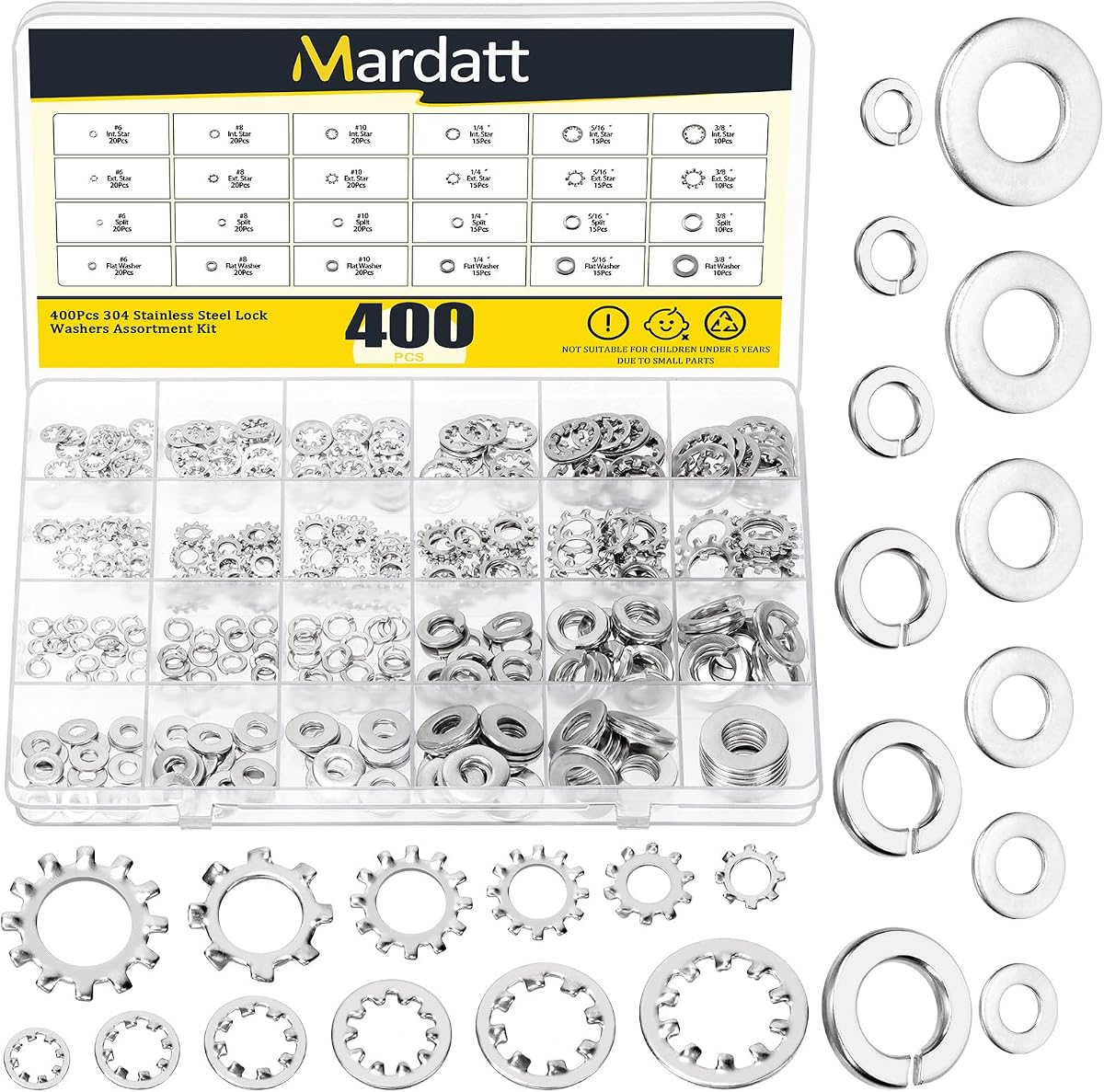 400Pcs 304 Stainless Steel Spring Lock Washer, 6# 8# 10# 1/4'' 5/16'' 3/8'' Internal & External Tooth Star and Split Lock Washers Flat Washer for Screws Bolts Retaining Clips Fastener, SAE