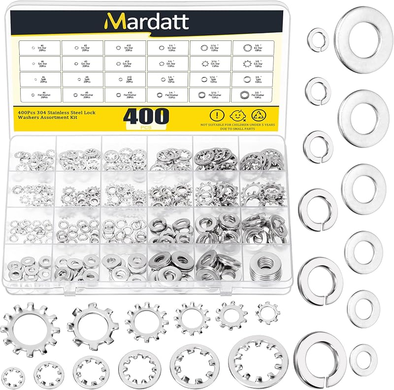 400Pcs 304 Stainless Steel Spring Lock Washer, 6# 8# 10# 1/4'' 5/16'' 3/8'' Internal & External Tooth Star and Split Lock Washers Flat Washer for Screws Bolts Retaining Clips Fastener, SAE