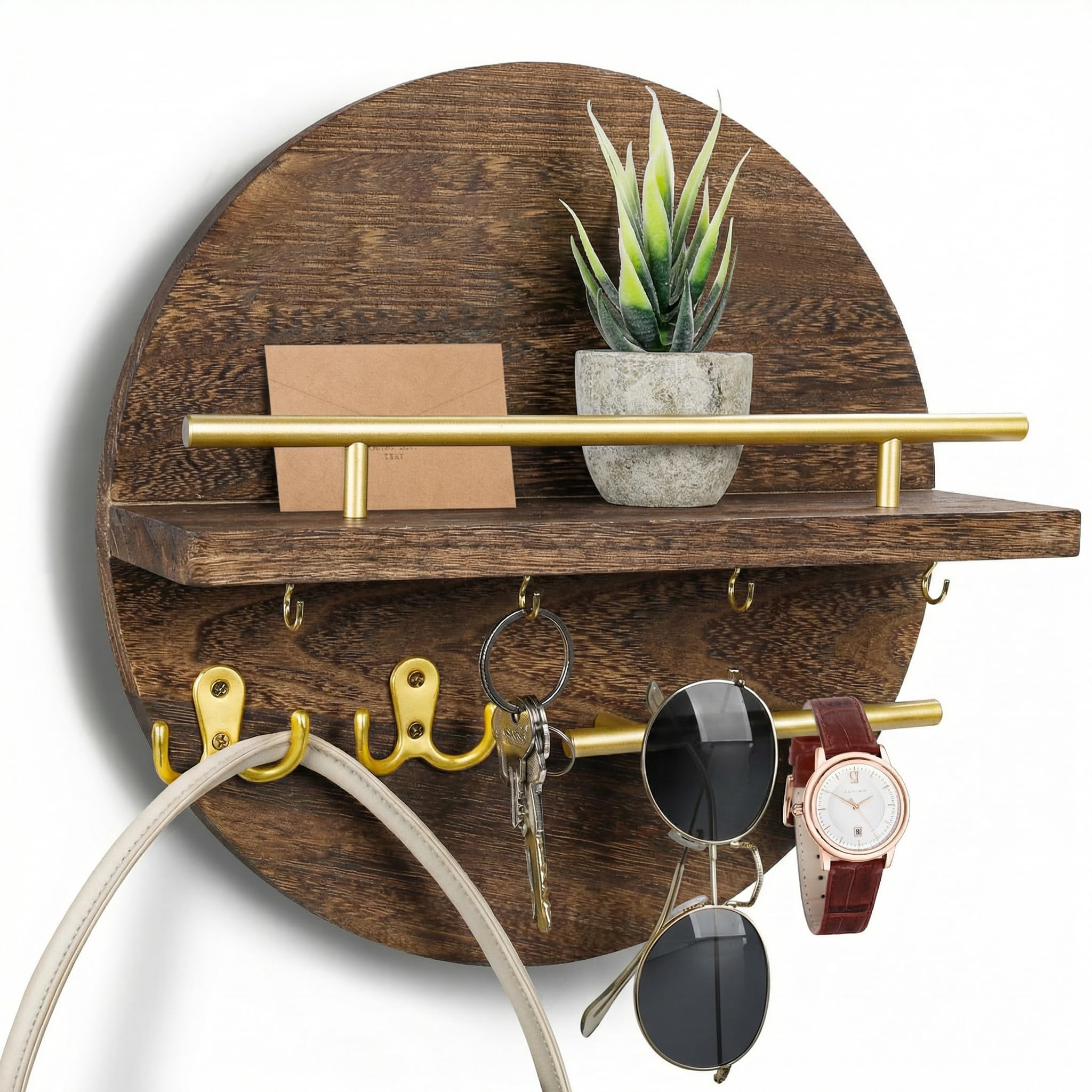 Dxiunove Vintage Wooden Key Holder with Shelf, Round Key Holder for Home, Decorative Wall Mounting, Key Holder with Vintage Charm (Brown and Gold)