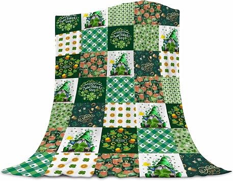 St Patricks Day Blanket Gnomes Throw Blankets Super Soft Flannel St Ptricks Throws Lucky Clover Gnome Blanket for Couch Bed Sofa Irish Gifts 50"x60"