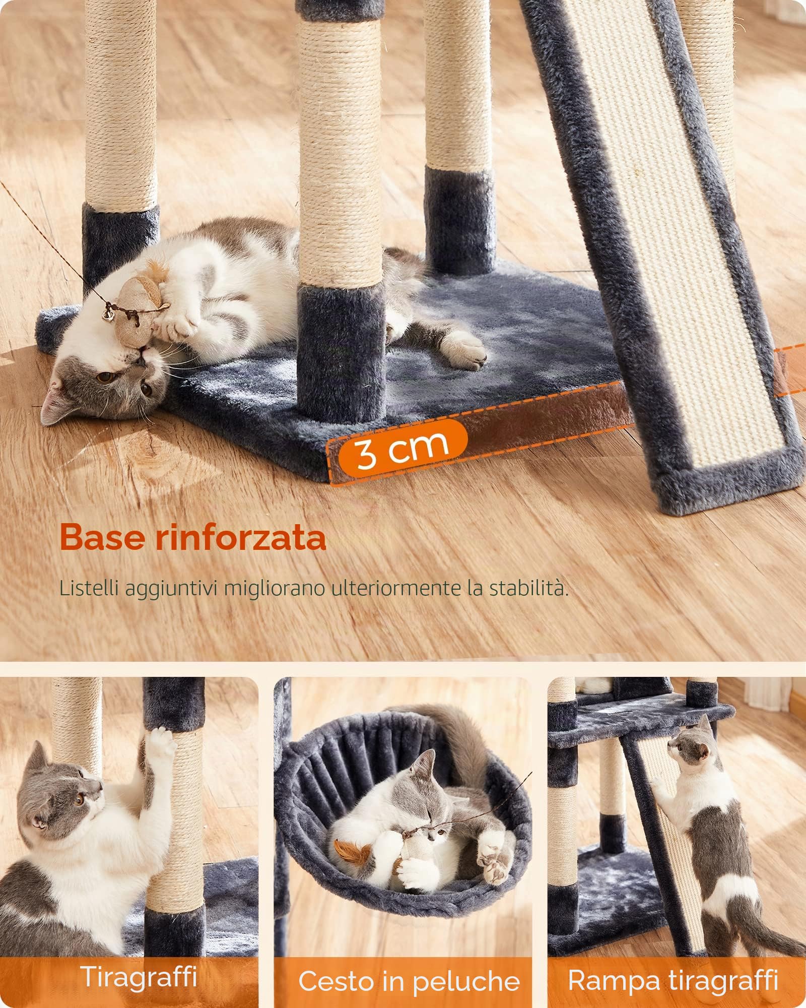 FEANDREA Tiragraffi per Gatti, XXL Posatoio, 169 cm, Grigio Fumo PCT019G01