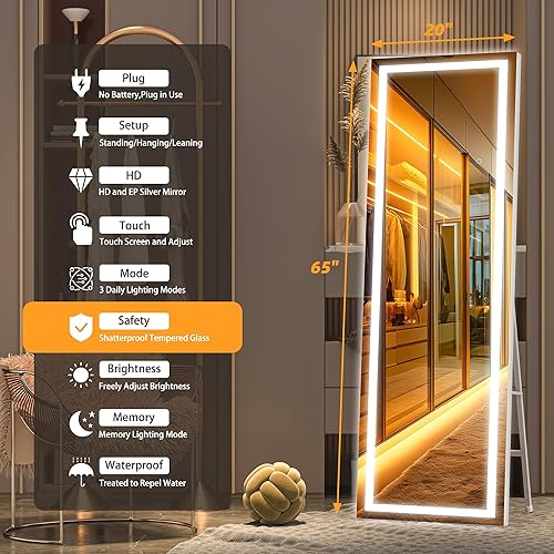 Miniatura 4 de Hasipu Espejo de longitud completa con luces, 65 x 20 pulgadas, espejo LED iluminado de pie de pie de longitud completa, espejo de cuerpo completo