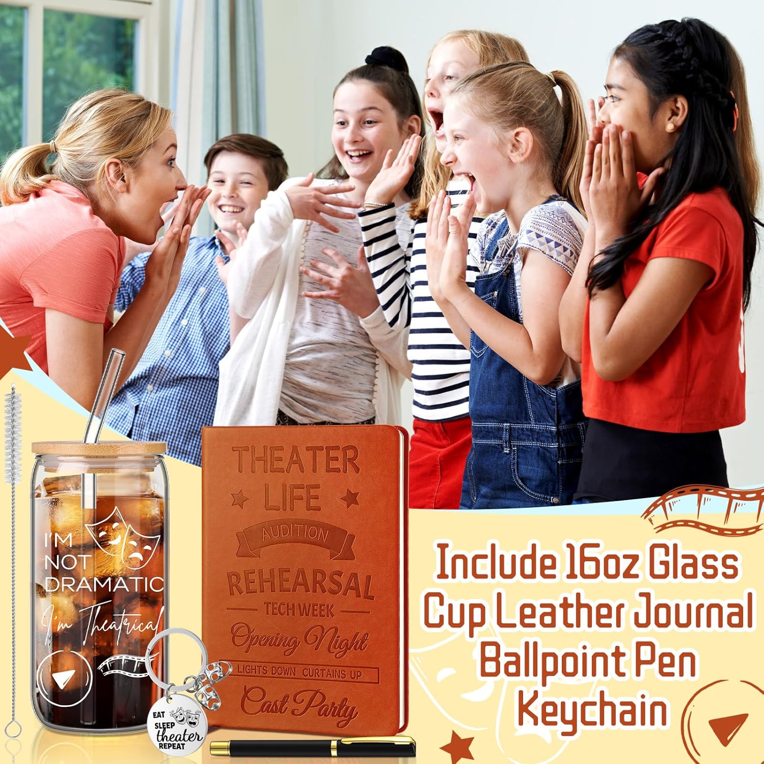 4 Pcs Theatre Gifts for Women Teens Theater Life 16oz Glass Cup Leather Notebook Ballpoint Pen Keychain Musical Broadway Graduation Gifts for Theatre Performers Directors Actors Drama Teacher(Brown) - Image 5
