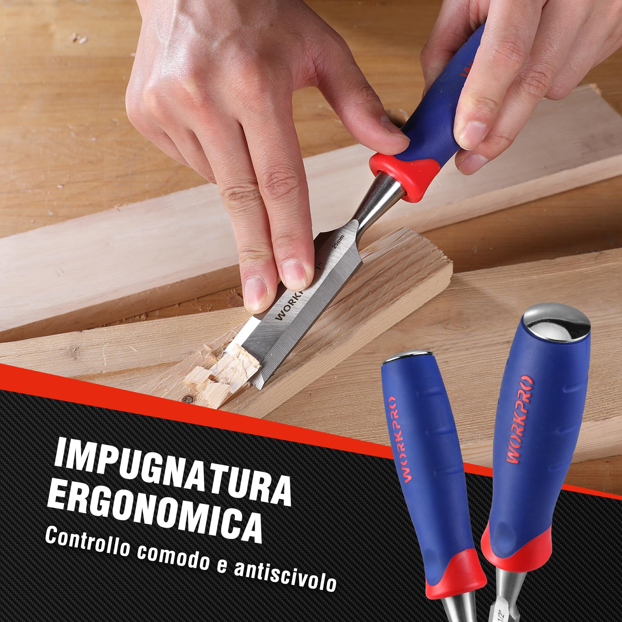 WORKPRO Set Scalpelli per Legno 3 Pezzi da Falegname in Cr-V 230mm