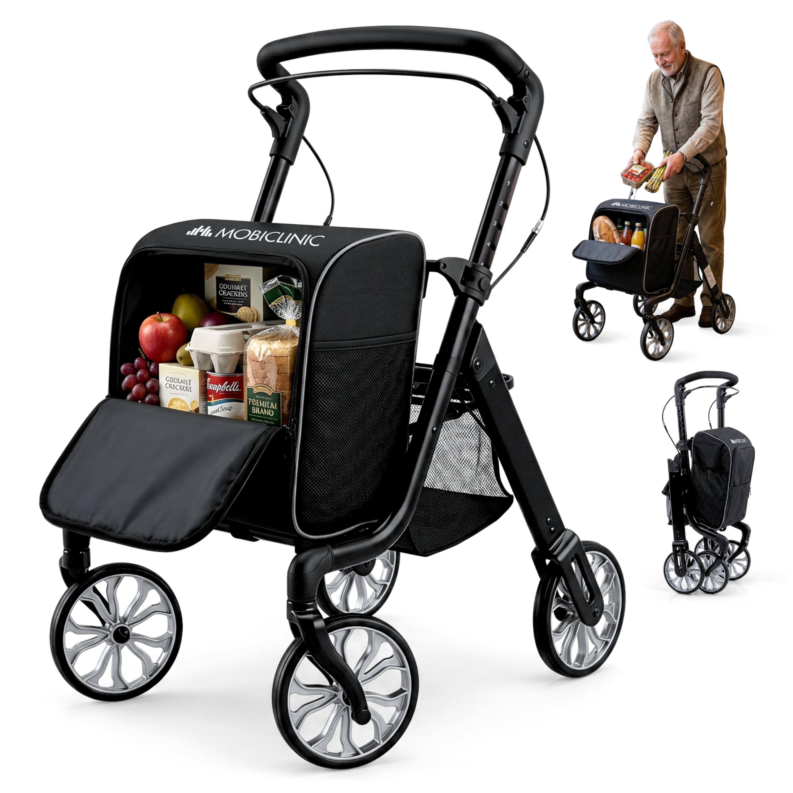 Mobiclinic®, Andador Plegable + Carro de la Compra, 2 en 1, Freno de Estacionamiento, Regulable en 6 Alturas, Monomando, Cesta y Bolsa XXL Extraíble, Ruedas 360º, Resistente, Aluminio, Formen