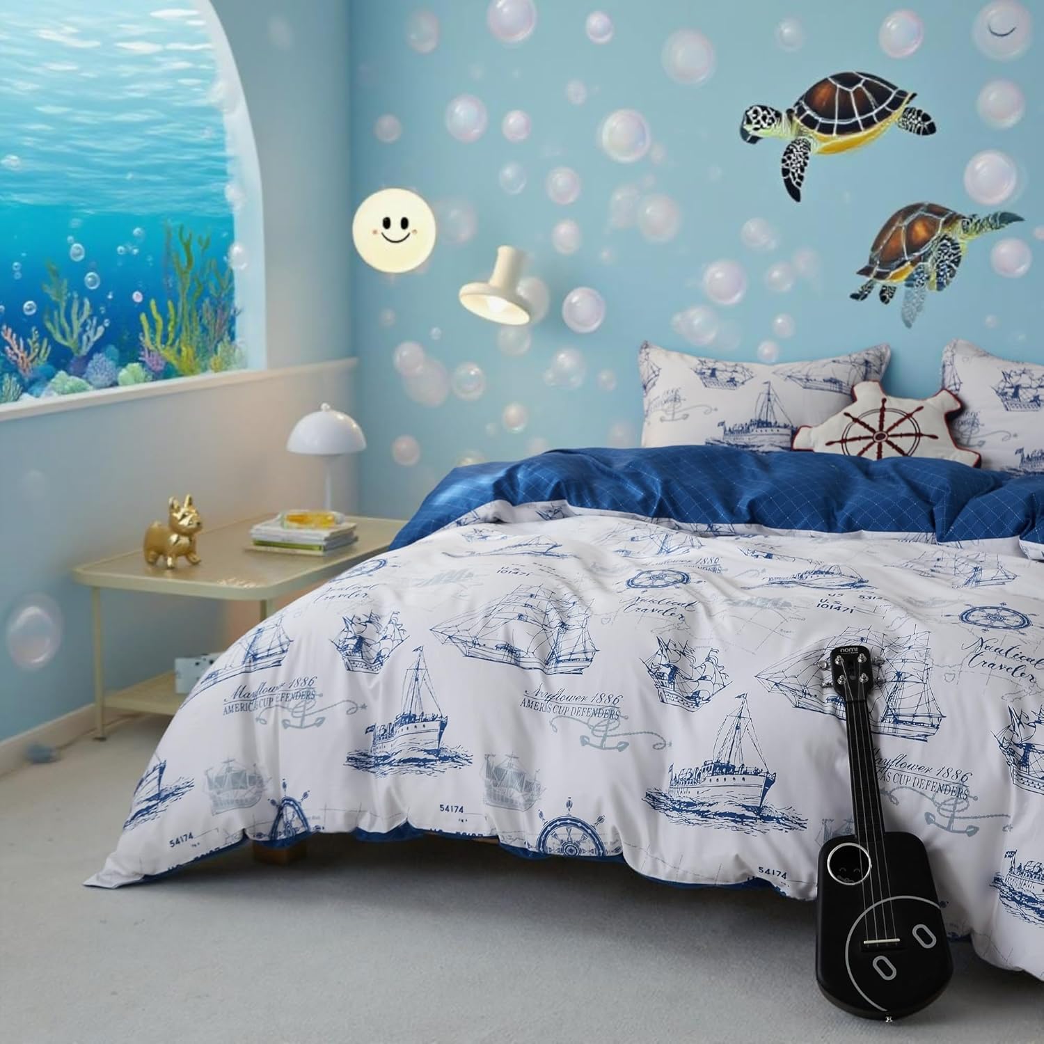 Simple&Opulence 100% Organic Cotton Duvet Cover for Kids Teens, 4 Pieces Soft Cartoon Comforter Cover with Zipper Closure, Boys Bedding Set with Sailboat Pattern,Full/Queen - Image 2