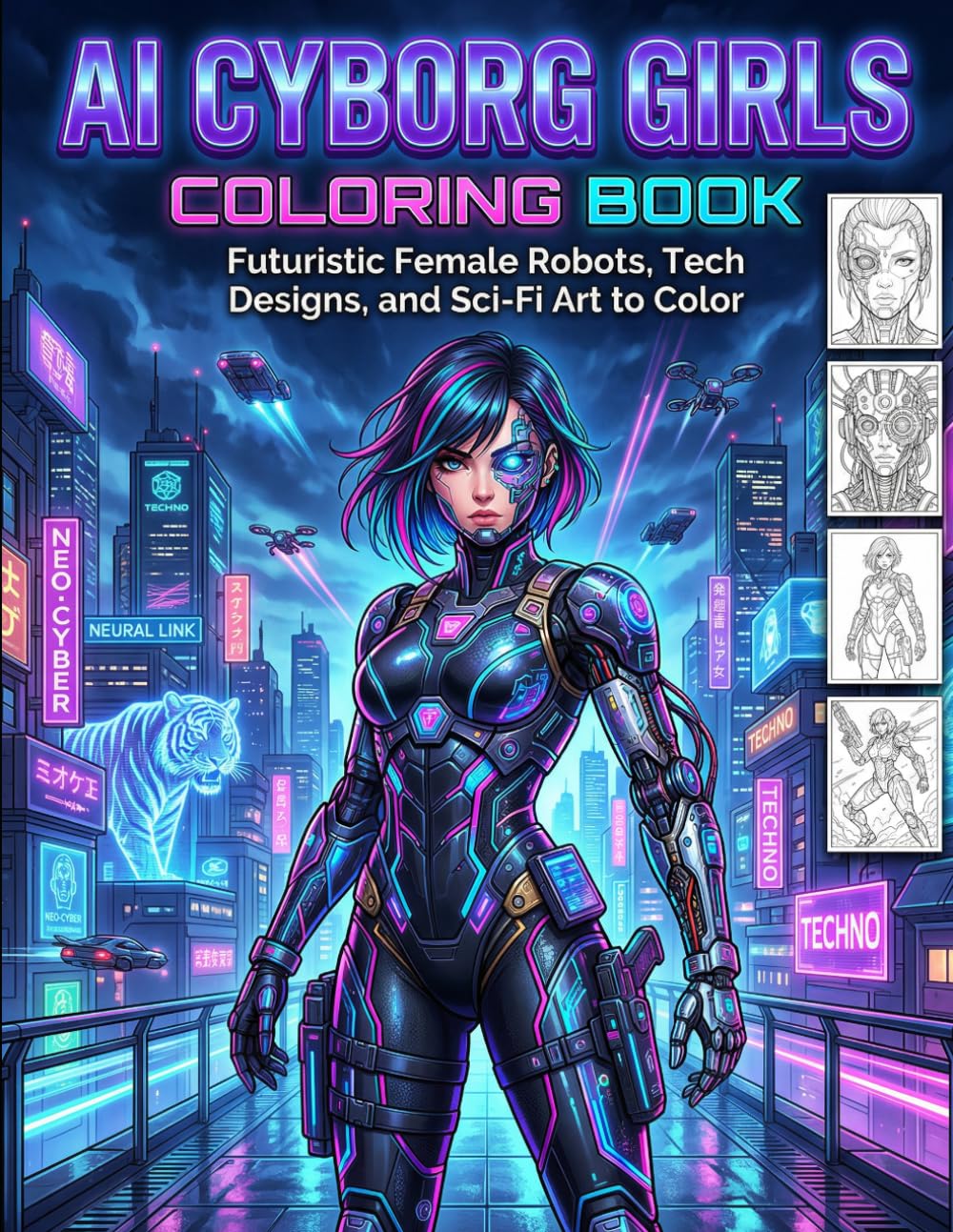 AI Cyborg Girls Coloring Book: Futuristic Female Robots, Tech Designs, and Sci-Fi Art to Color
