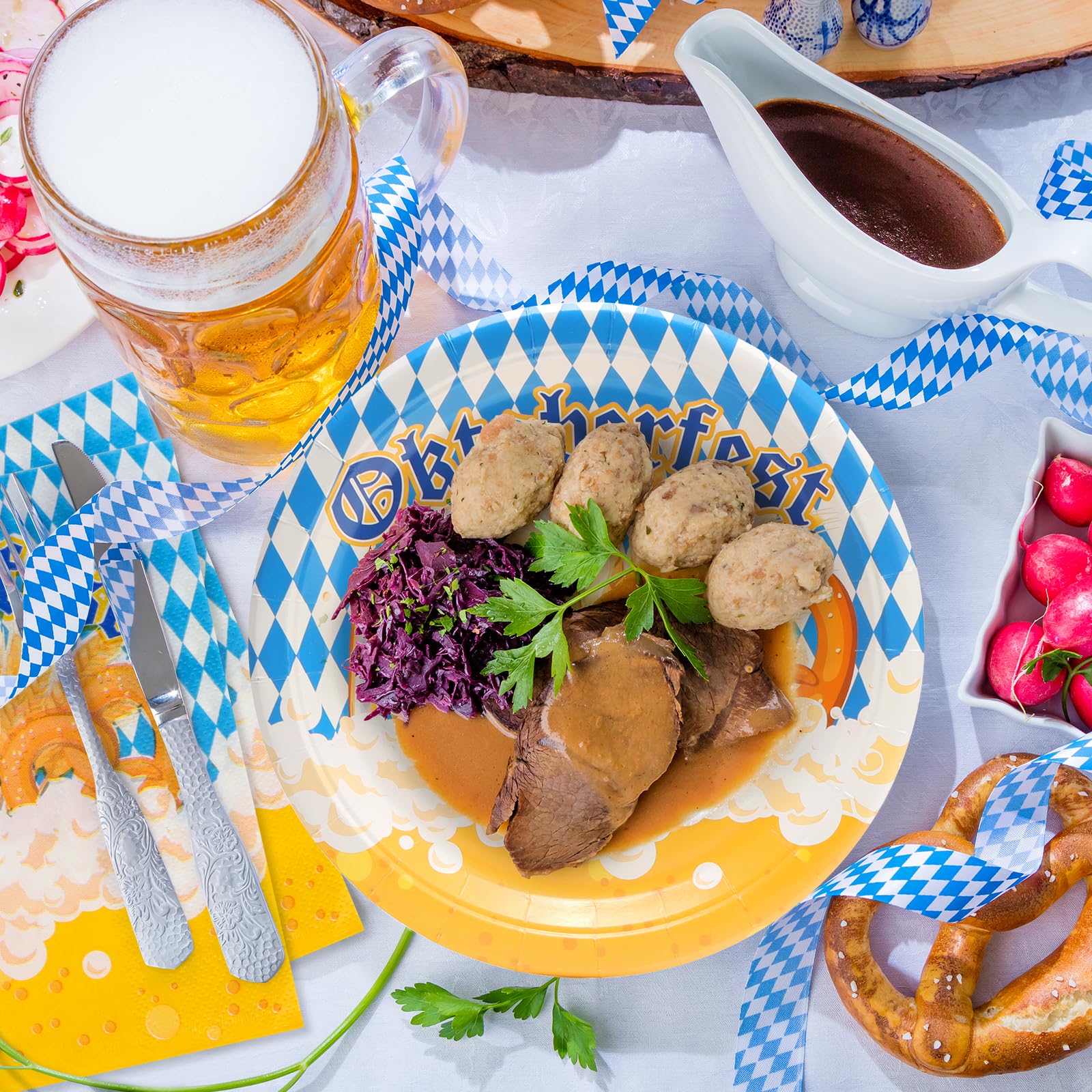 Oktoberfest Partygeschirr Set - 80-teilig In Blau-Weiß Mit Bayrischen Motiven