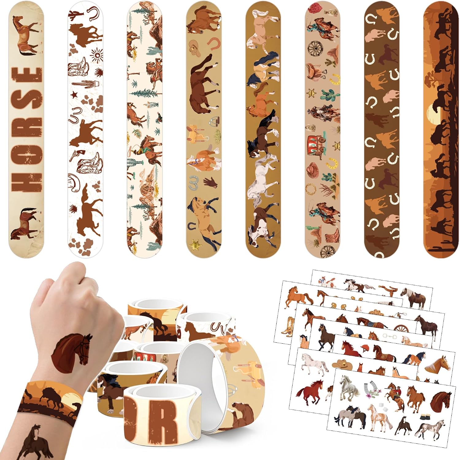 Western Horse Party Favors, 40 Pcs Horse Birthday Decorations Supplies, Animal Temporary Tattoos, Cowboy Slap Bracelets, Treat Bag Stuffers & Classroom Rewards for Kids