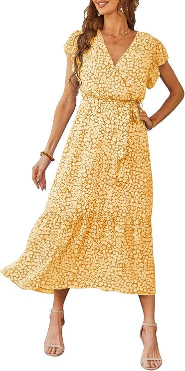 PRETTYGARDEN Women's Summer Floral Boho Maxi Dress Wrap Short Sleeve V Neck Ruffle A-Line Flowy Wedding Guest Long Dresses