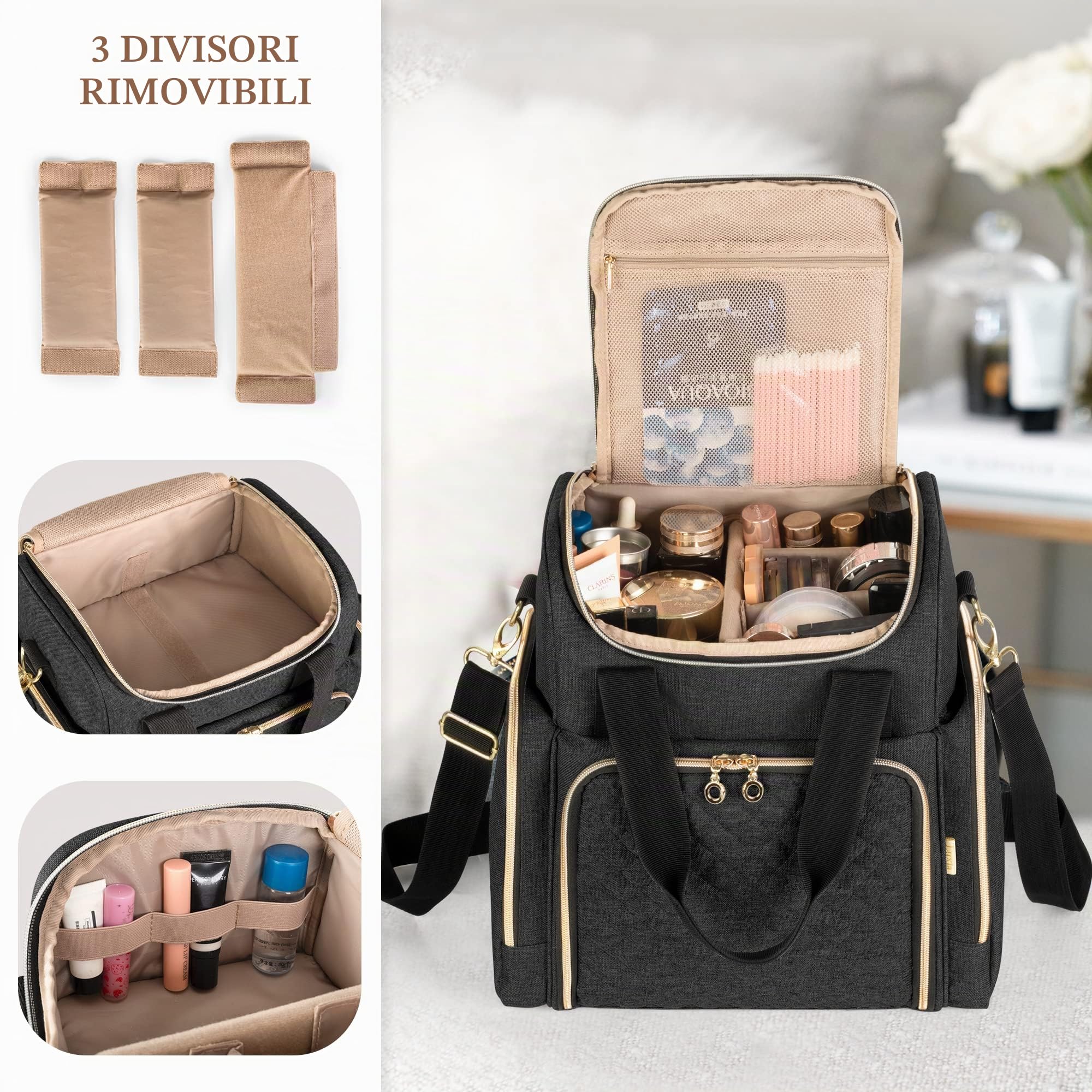 Luxja Borsa per il Trucco da Viaggio con 2 Custodie Rimovibili, Nero | Borsa per Cosmetici con Più Sezioni di Archiviazione, Borsa per Organizzatore di Trucco (Solo Borsa)