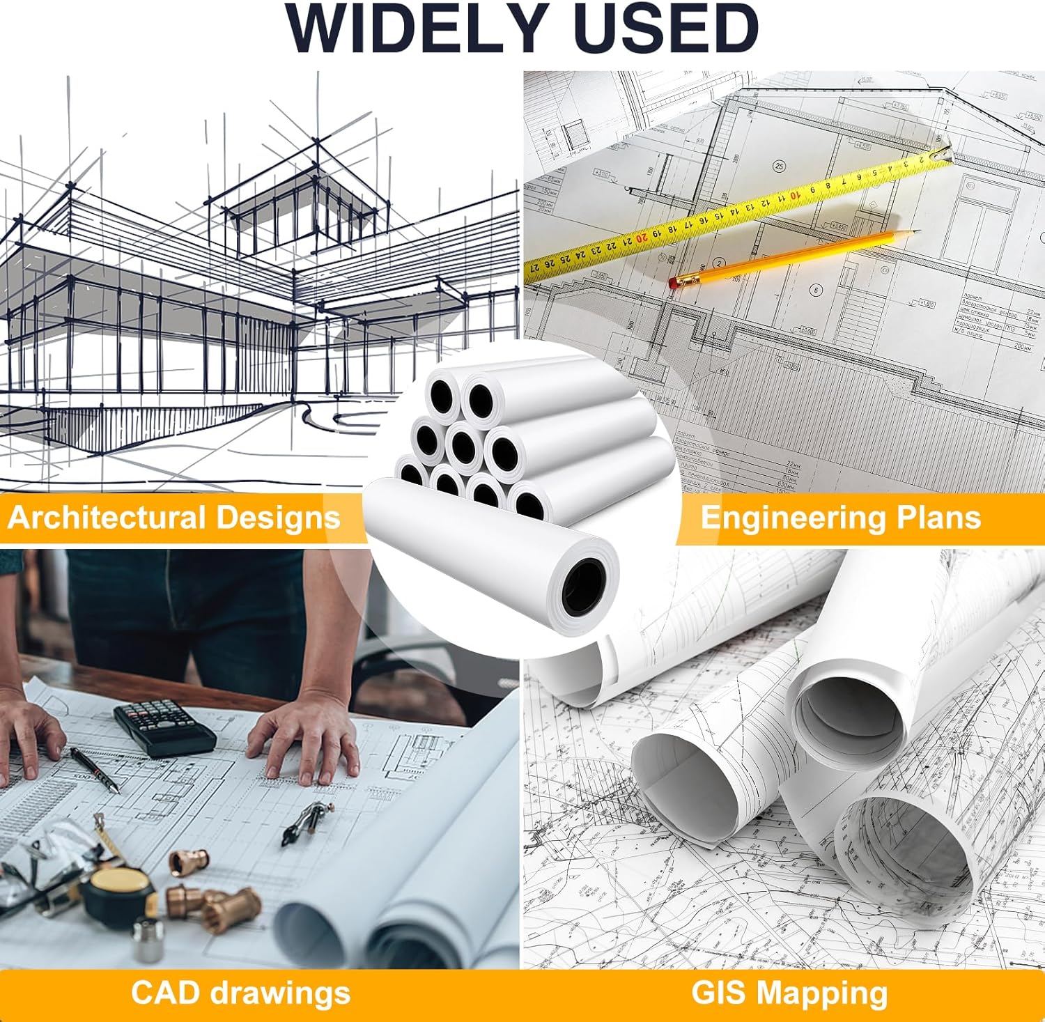 VOISEN Wide Format Paper,4 Rolls Plotter Paper 24 In x 150 Ft, CAD Bond Rolls,20lb,Bond Paper on 2" Core for CAD Printing on Wide Format Ink Jet Printers