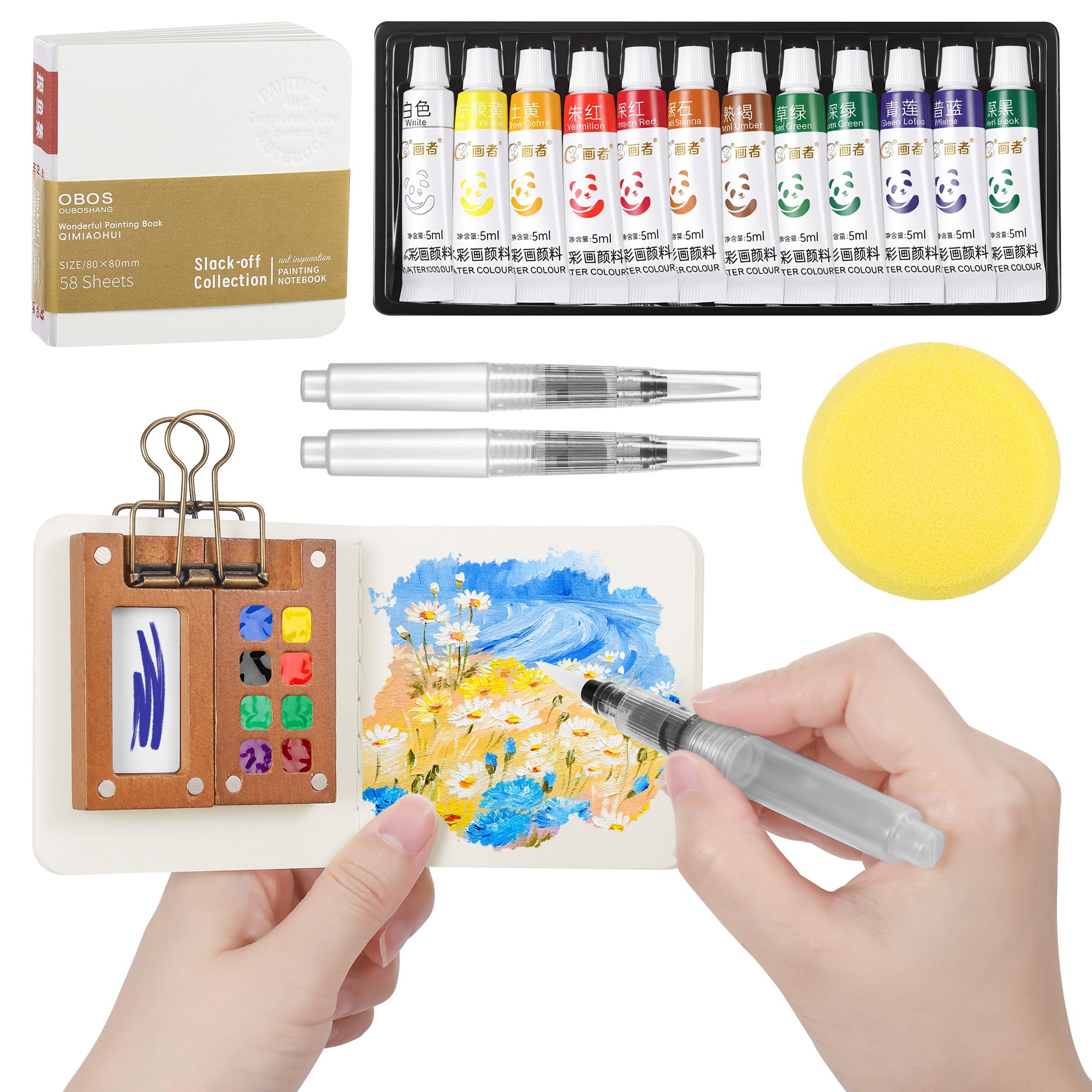 Huiguli Mini Set di Acquerelli da Viaggio, Tavolozza in Legno con 8 Scomparti & Clip Metallica e 12 Colorati, Regalo per Pittori, Artisti e Studenti