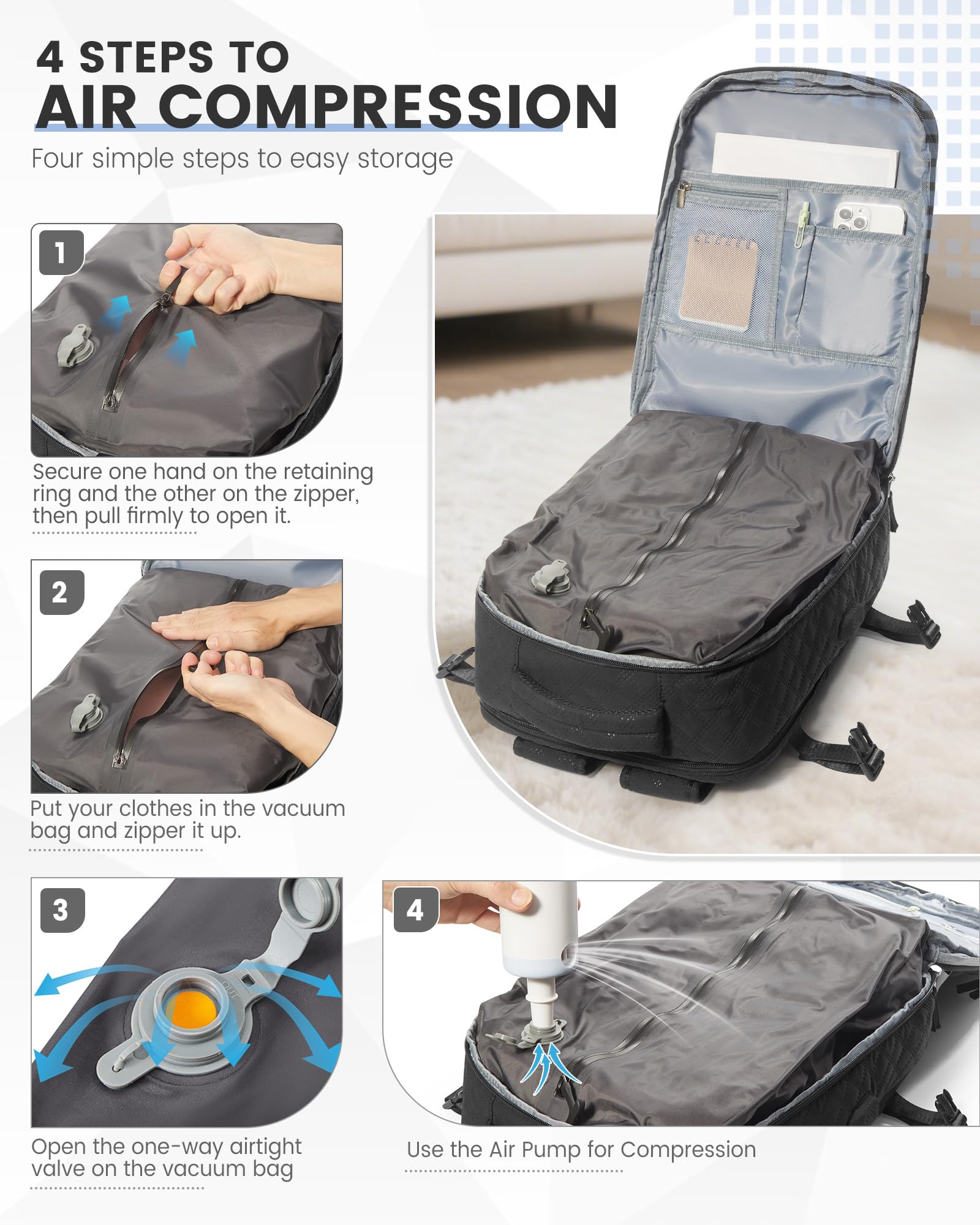 Borsa da Cabina per Ryanair 40x30x20 Zaino Sottovuoto da Viaggio con Pompa 40x20x25 Aereo Bagaglio a Mano Impermeabile Lavoro e Scuola Trekking Casual Daypack per 14" laptop,J1-Nero