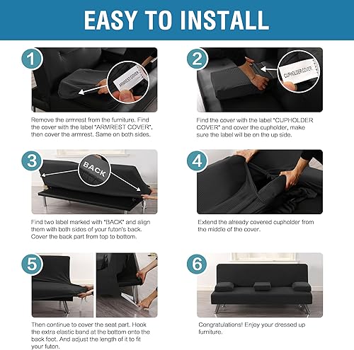 Miniatura 6 de H.VERSAILTEX 4 fundas elásticas para futón, funda para sofá cama con reposabrazos extraíbles y portavasos, protector de muebles de alta elastano,