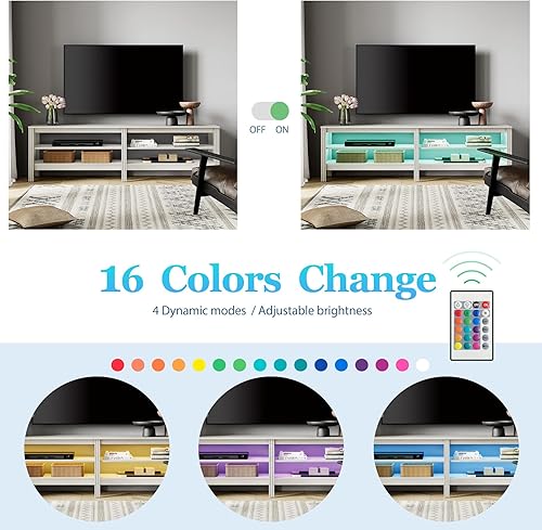 Miniatura 3 de WAMPAT Soporte de TV de granja para televisores de hasta 80 pulgadas con 16 luces LED intercambiables, centro de entretenimiento blanco para consola