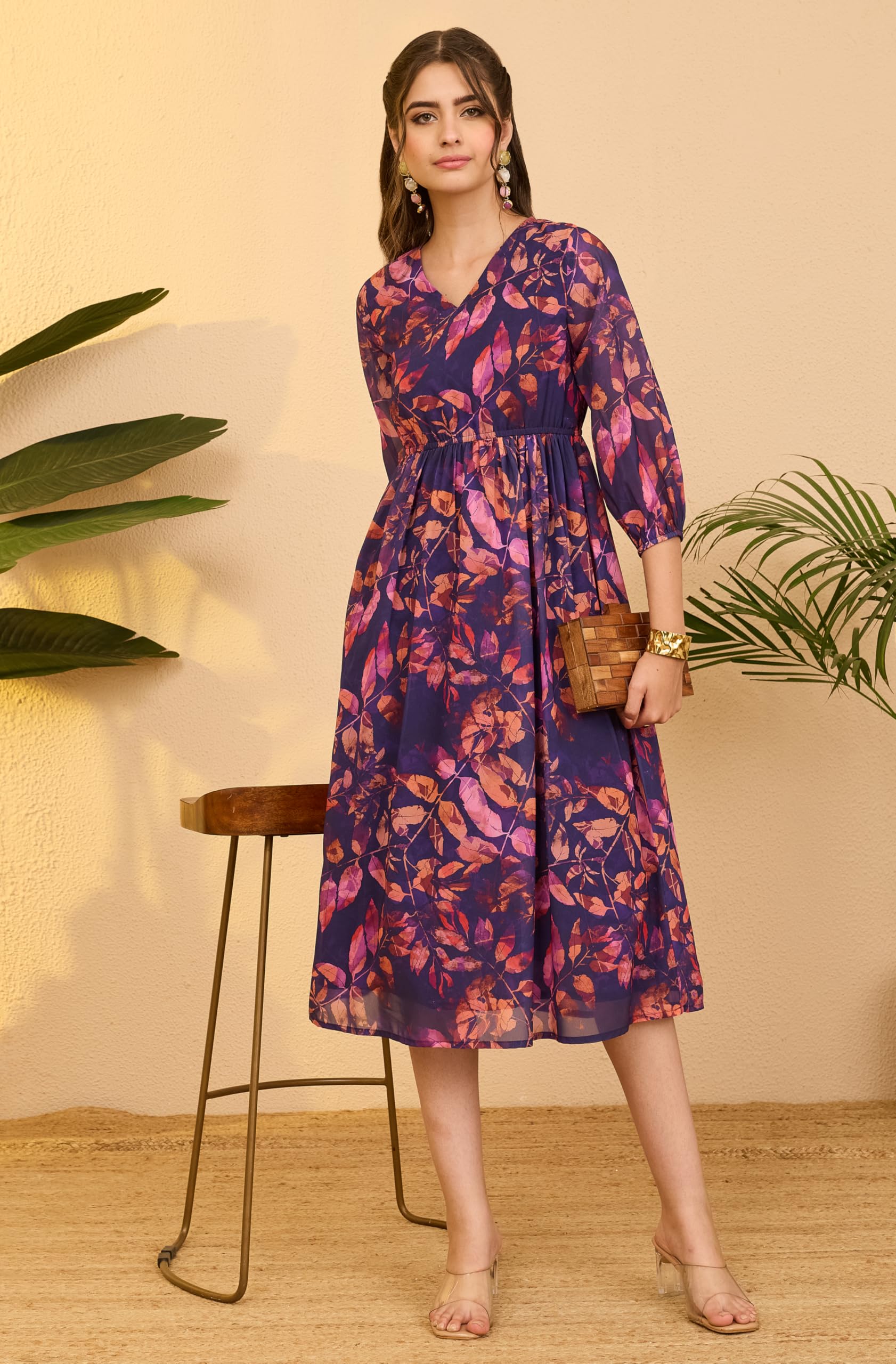 Janasya Abito da donna in georgette viola con stampa botanica